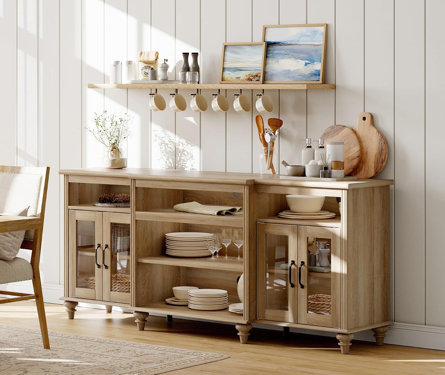 WAMAPT Buffet Cabinet with 4 Glass Doors, Large Coffee Bar Tables Wood Kitchen Storage Cabinets with 9 Storages, Modern Farmhouse Sideboard Credenza, Oak, 70 inch