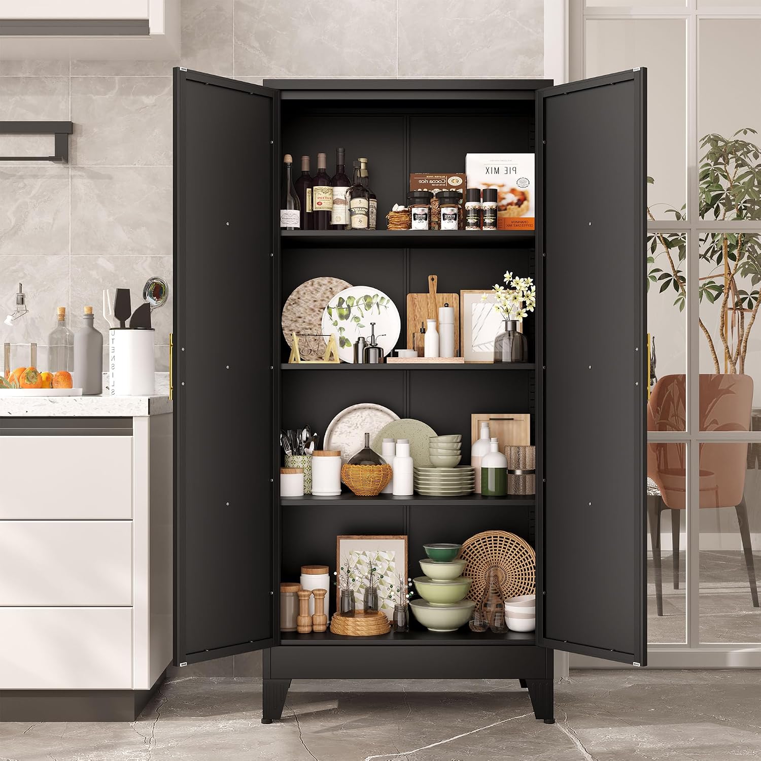 61' Kitchen Pantry Cabinet, Metal Storage Cabinet with 2 Doors and 3 Adjustable Shelves, Black Food Pantry Cupboard for Kitchen, Dining Room, Living Room and Bathroom (Black)