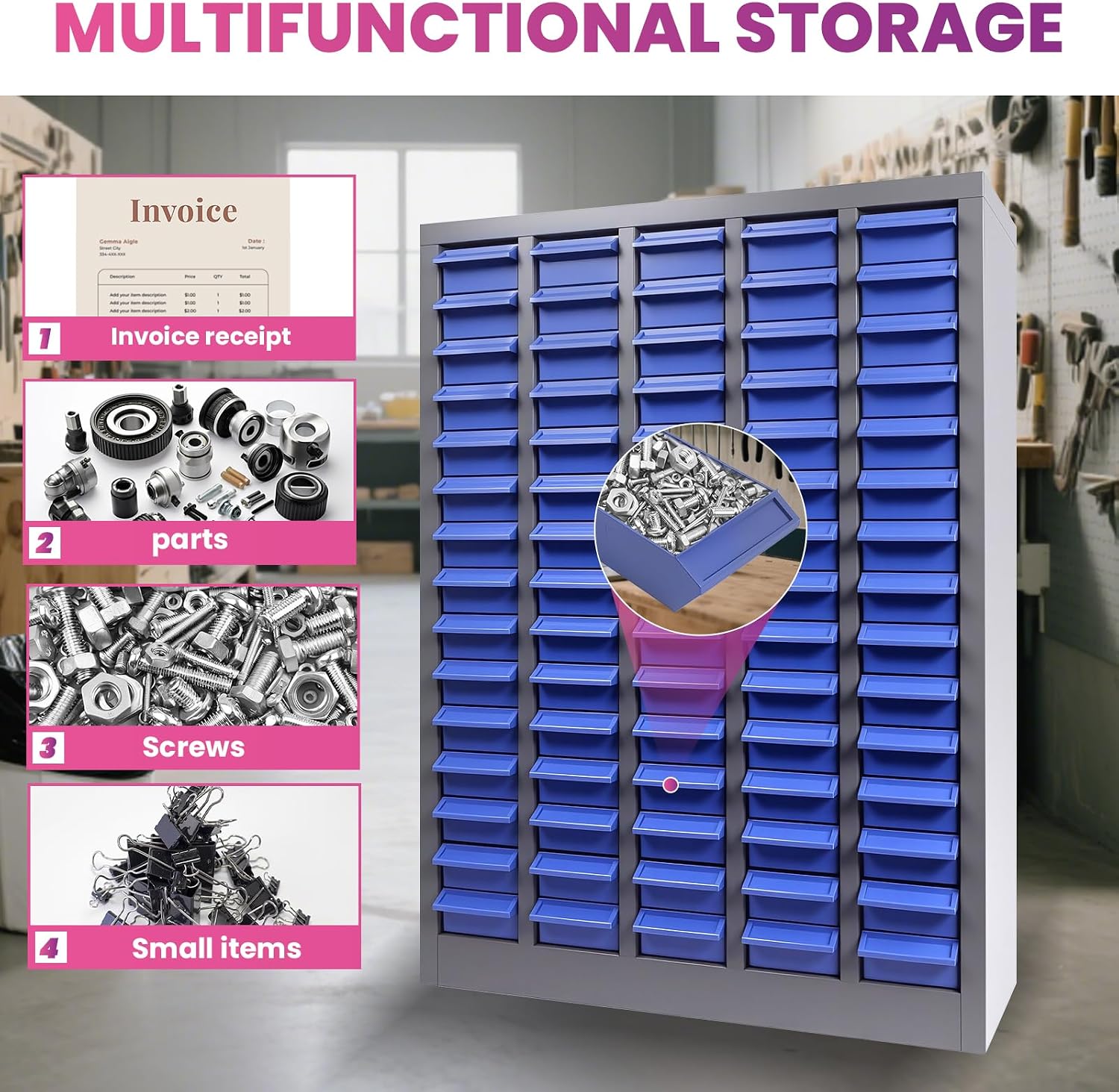 75 Drawers Nut and Bolt Organizer, 26x9x35.4 Stainless Steel Parts Cabinet with Shelfs & Labels Bolt Organizer for Workshop Tool & Hardware Storage and Organization (75 Drawers)