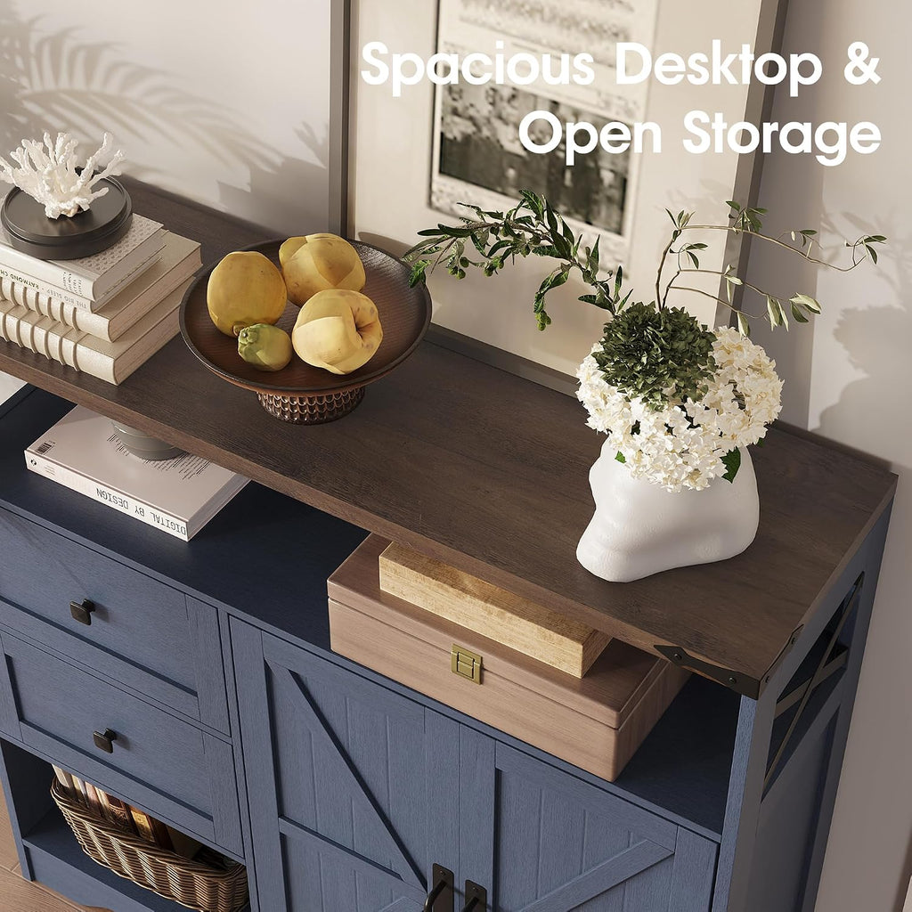 Fameill Farmhouse Storage Cabinet with Drawers and Open Storage,Freestanding Kitchen Pantry with 2 Barn Doors, Floor Cabinet with Adjustable Shelf for Living Room, Blue