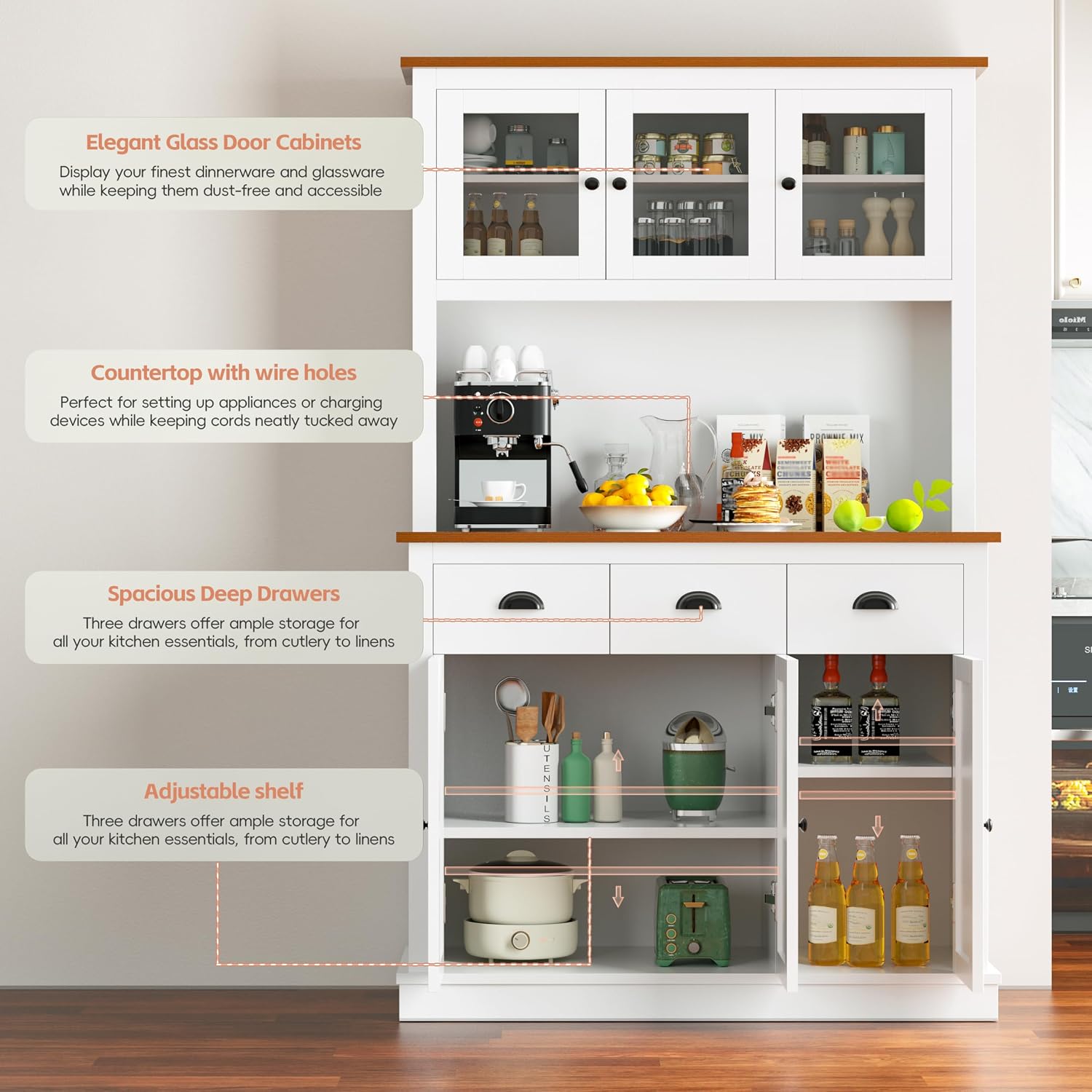 MU 71' Kitchen Pantry Cabinet with Charging Station, Tall Pantry Hutch with Drawers, Countertop & Microwave Shelf, Food Storage Cabinet for Dining Room & Coffee Bar, White