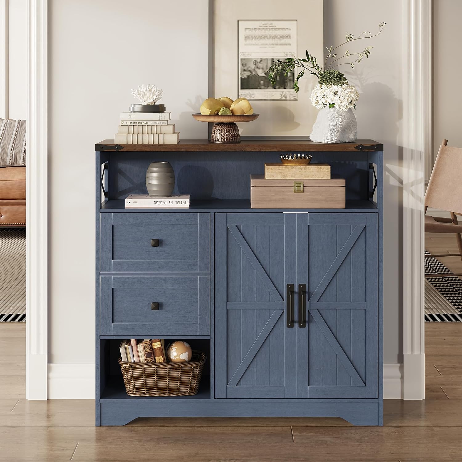 Fameill Farmhouse Storage Cabinet with Drawers and Open Storage,Freestanding Kitchen Pantry with 2 Barn Doors, Floor Cabinet with Adjustable Shelf for Living Room, Blue