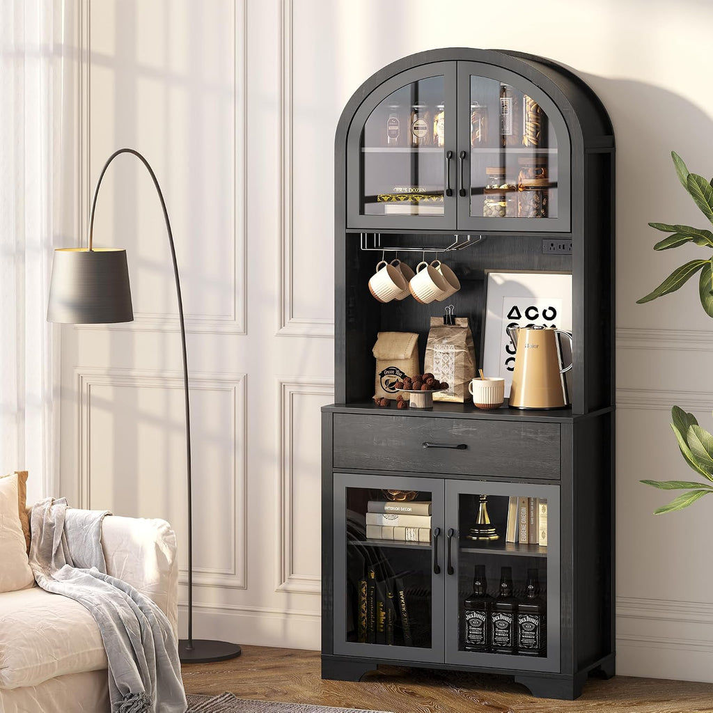 75' Tall Arched Pantry Cabinet with Charging Station & LED Light, Kitchen Pantry Cabinet with Microwave Stand, Drawers and Adjustable Shelf, Coffee Bar Liquor Cabinet for Dining Room