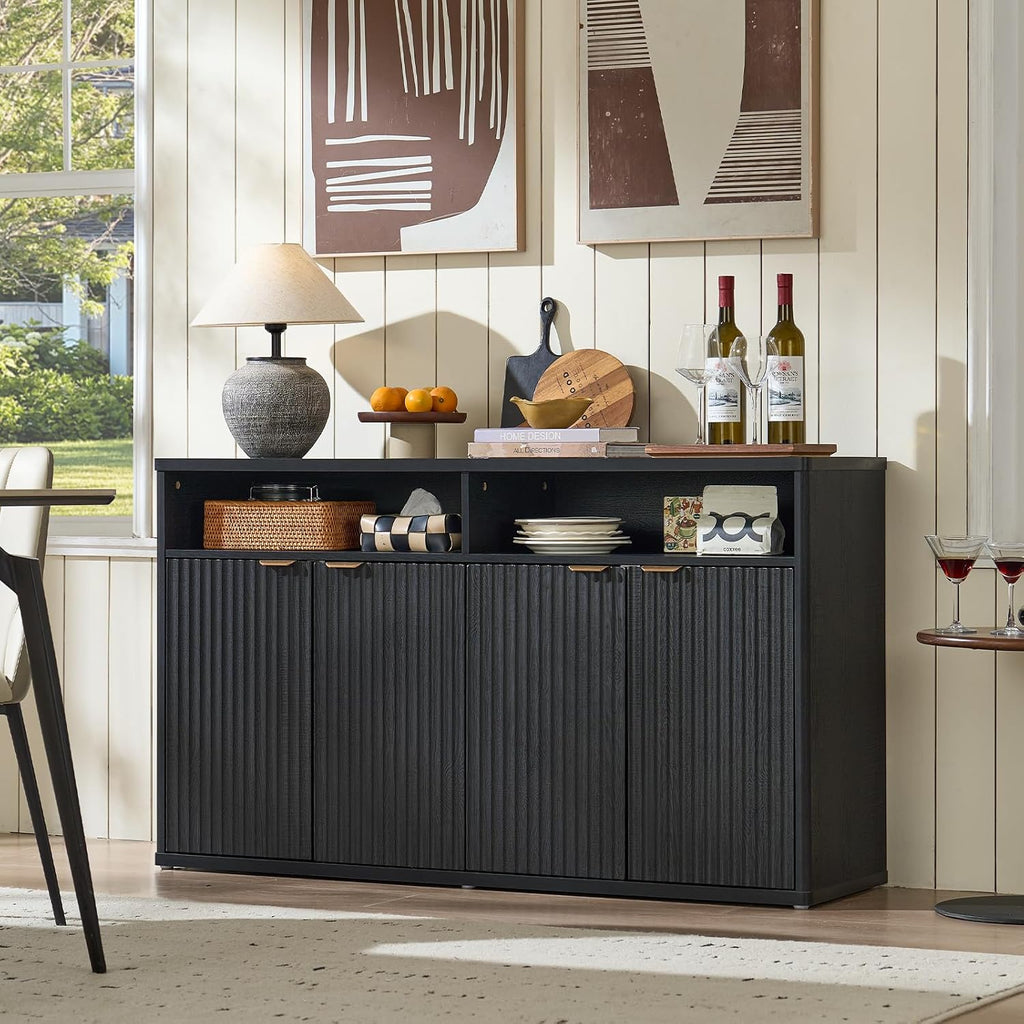 LEYAOYAO Fluted Buffet Cabinet with Storage, 55' Wide Wood Sideboard Credenza with 4 Doors & Open Storage Shelf, Modern Kitchen Console Accent Cabinets, Coffee Bar Table for Dining Room, Black Oak