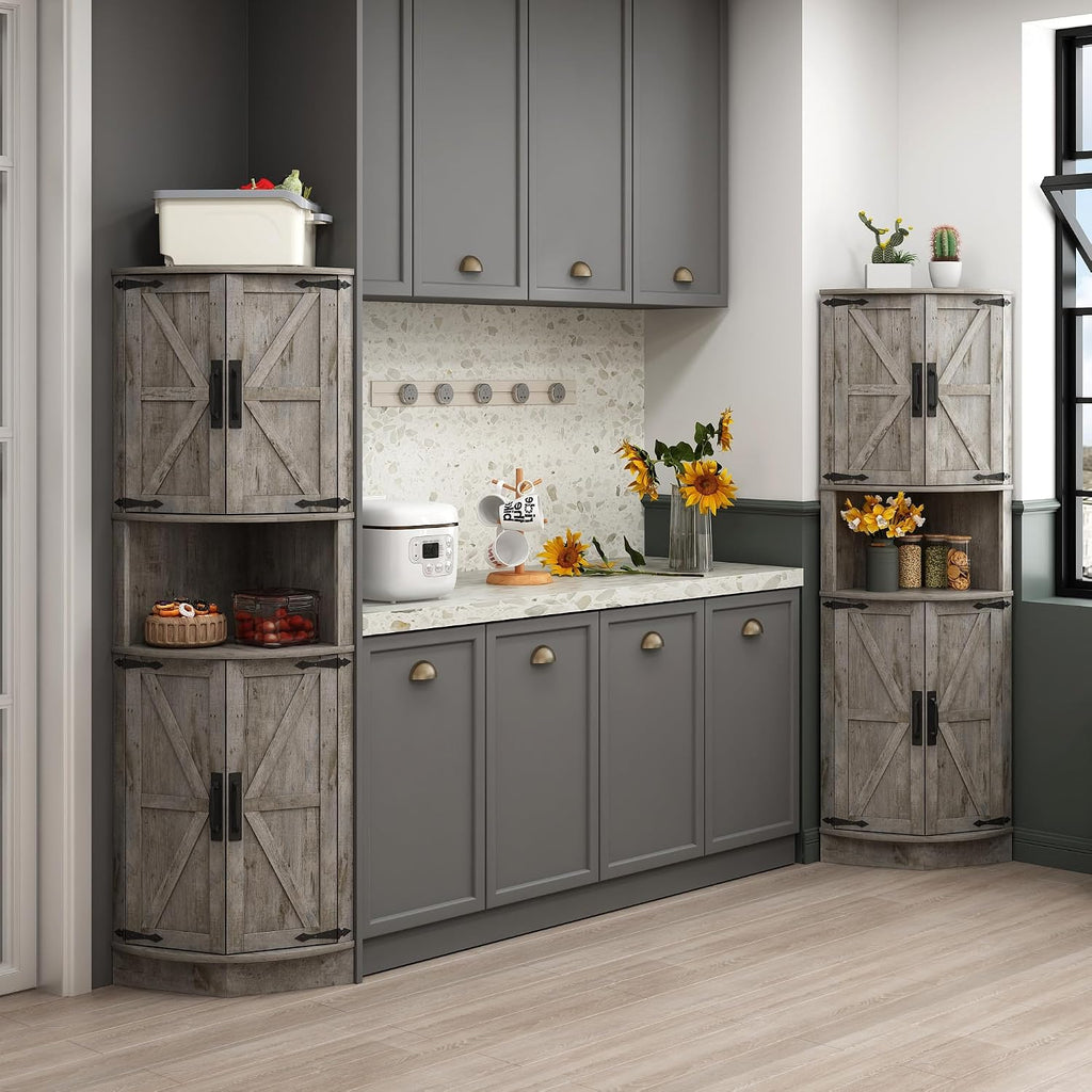 Vabches 64.8' Tall Farmhouse Corner Cabinet with 4 Doors and 5 Storage Shelves, Farmhouse Storage Cabinet with Barn Door Design, Home Space Saver for Living Room, Kitchen, Laundry Room,Grey