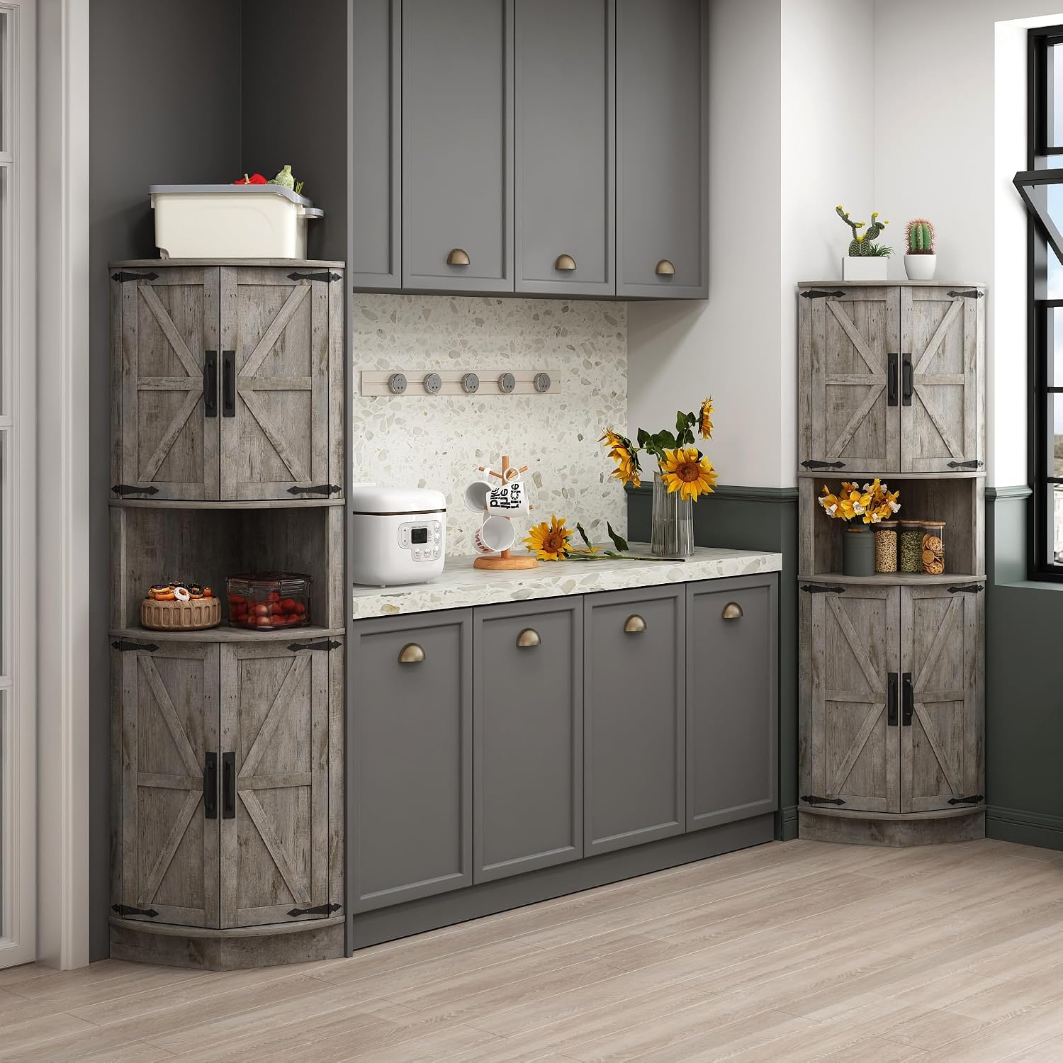 Vabches 64.8' Tall Farmhouse Corner Cabinet with 4 Doors and 5 Storage Shelves, Farmhouse Storage Cabinet with Barn Door Design, Home Space Saver for Living Room, Kitchen, Laundry Room,Grey