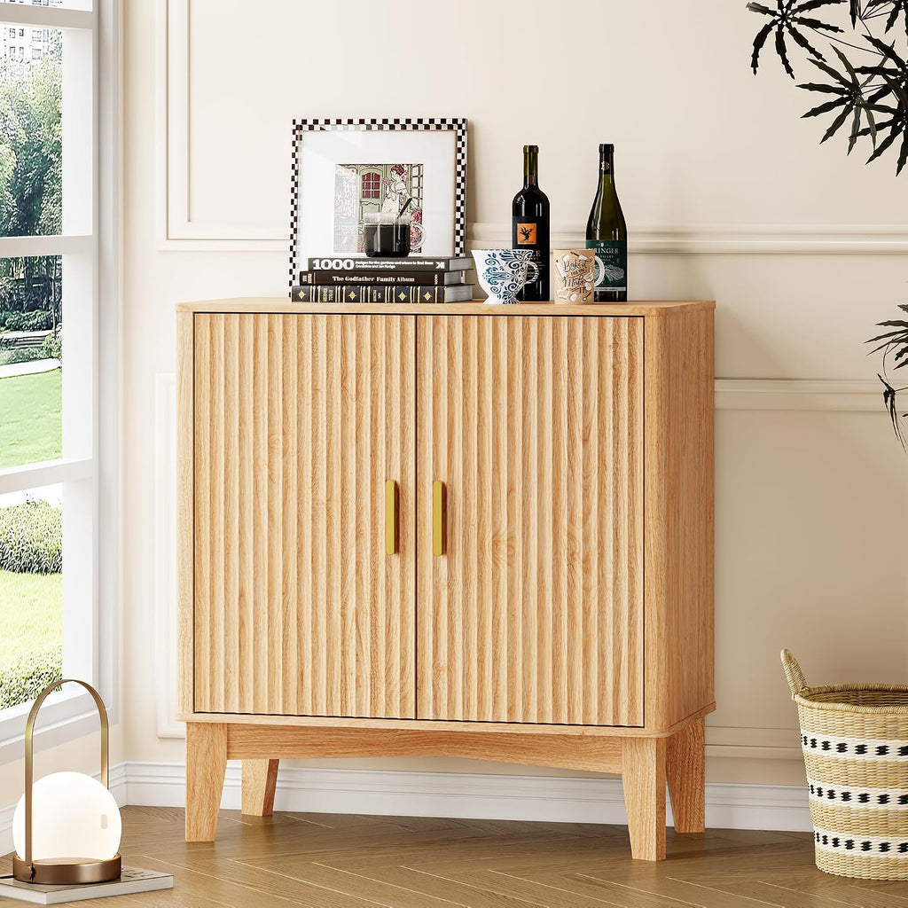 BORNOON Storage Cabinet with Doors and Adjustable Shelf, Modern Fluted Sideboard Buffet Cabinet, Freestanding Coffee Bar for Kitchen, Pantry, Entryway, Living Room (Natural Oak)