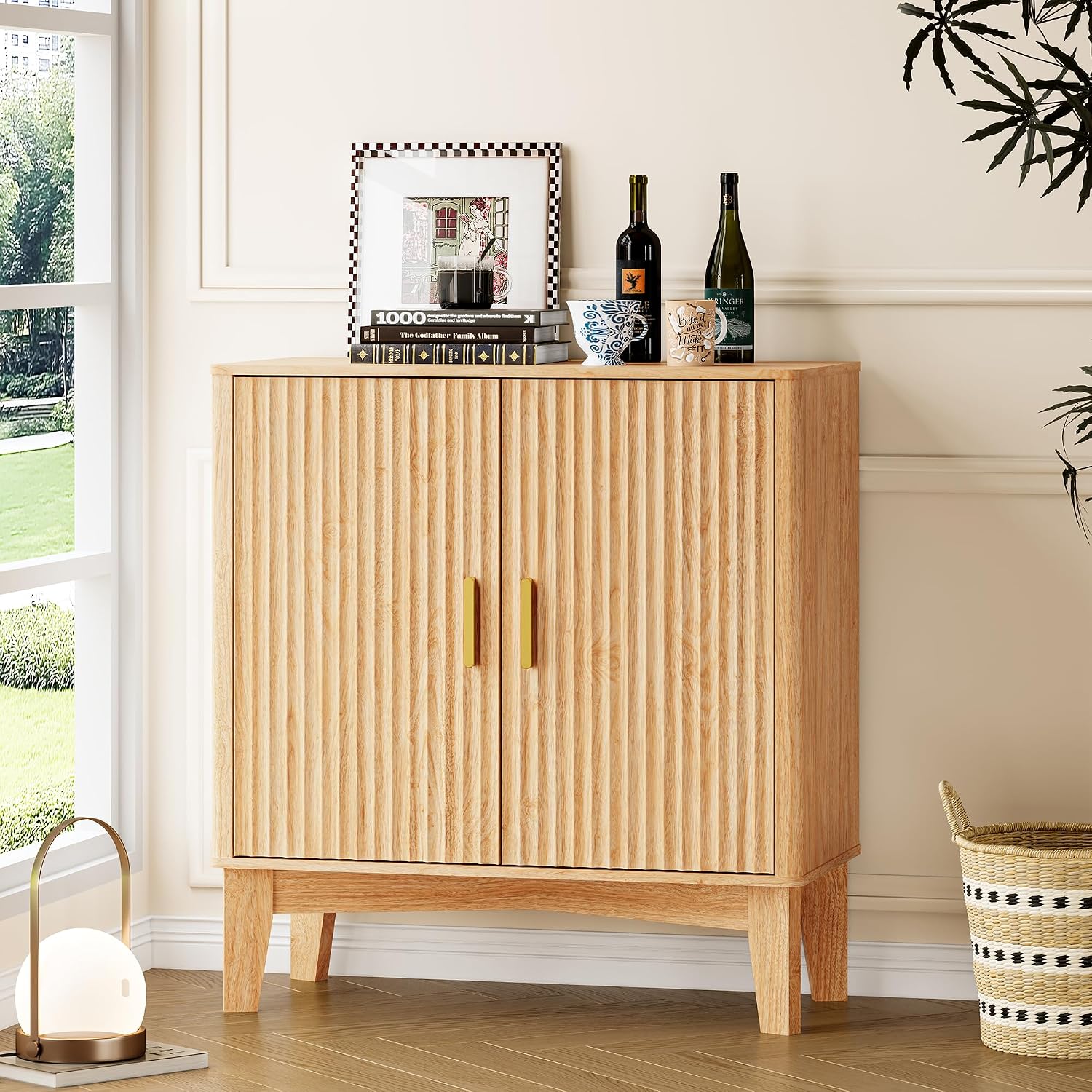 BORNOON Storage Cabinet with Doors and Adjustable Shelf, Modern Fluted Sideboard Buffet Cabinet, Freestanding Coffee Bar for Kitchen, Pantry, Entryway, Living Room (Natural Oak)