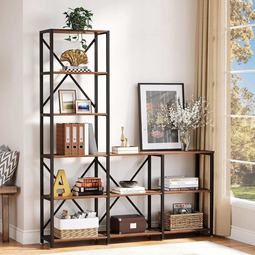 Tribesigns 5-Tier Ladder Staggered Bookshelf, Industrial Corner Bookcase with 9 Open Shelves, Modern Display Rack Storage Shelf for Home & Office