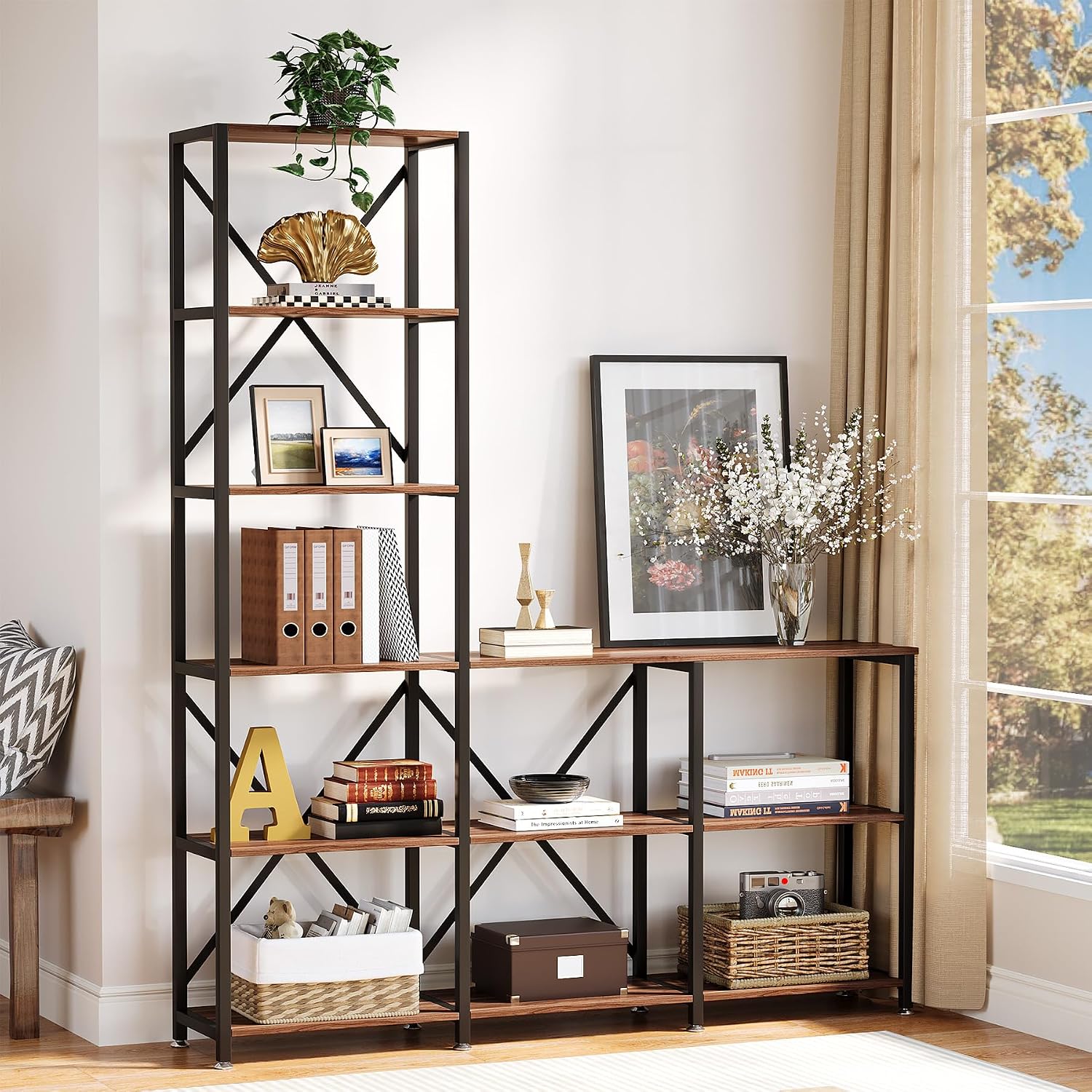 Tribesigns 5-Tier Ladder Staggered Bookshelf, Industrial Corner Bookcase with 9 Open Shelves, Modern Display Rack Storage Shelf for Home & Office