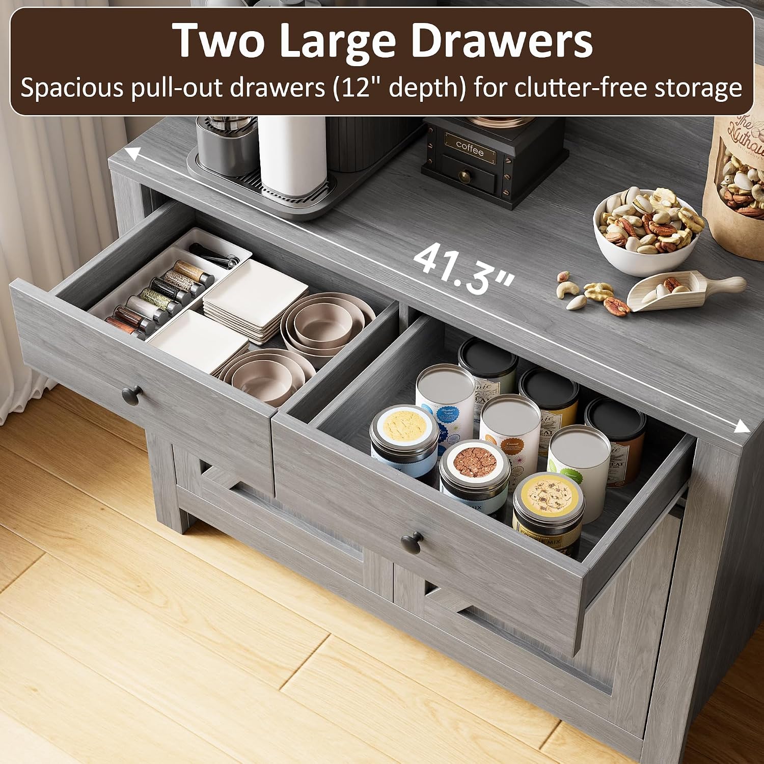 IDEALHOUSE 63' Kitchen Pantry Cabinet with Drawers, Hutch Cabinet with Storage, Microwave Stand, Adjustable Shelves, Freestanding Tall Pantry Storage for Dining Room, Living Room, Grey