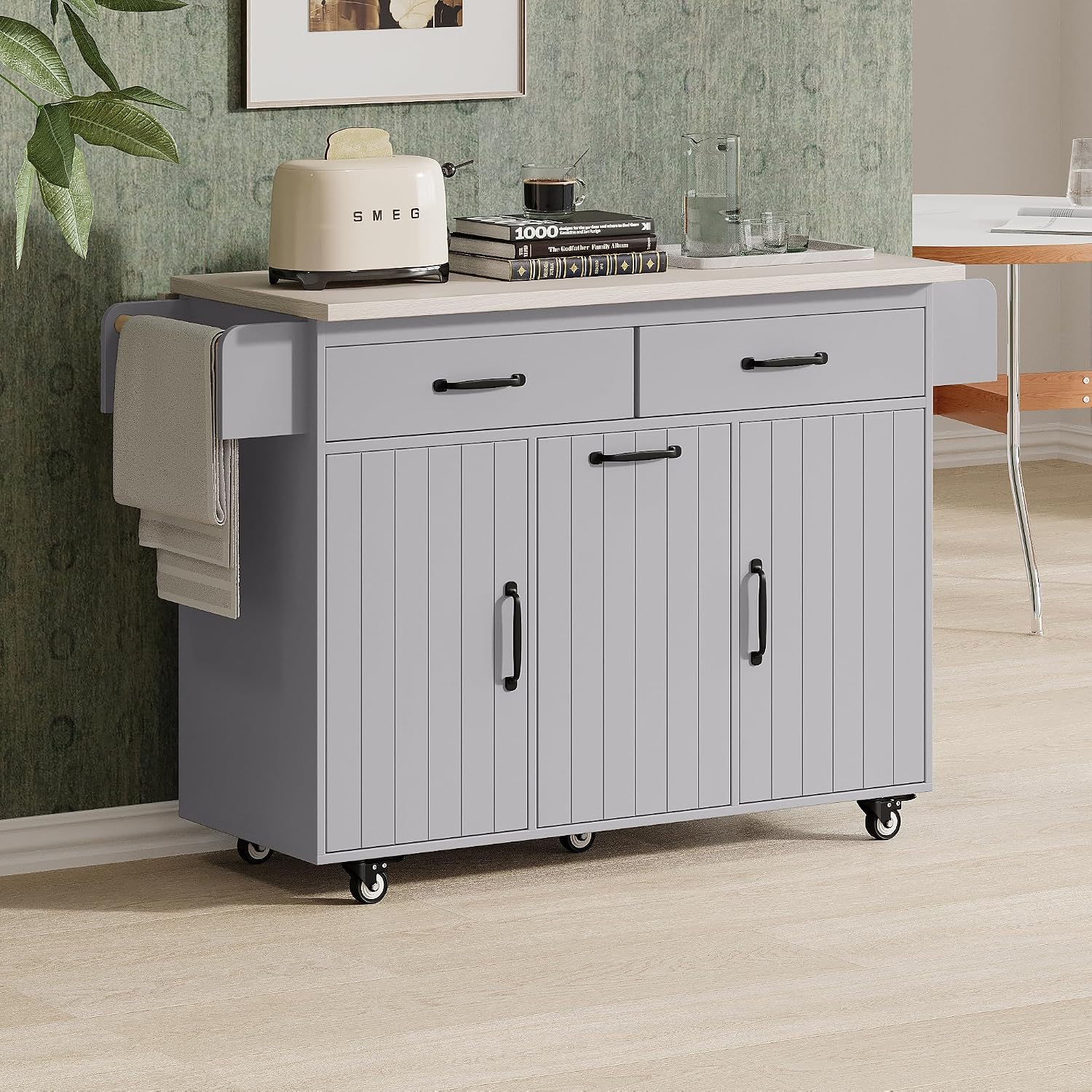 Rolling Kitchen Island Carton Wheels with Trash Can Storage Cabinet, Drop Leaf, Spice Rack, Towel Rack, Drawer, Adjustable Shelf for Dining Room Kitchens Grey