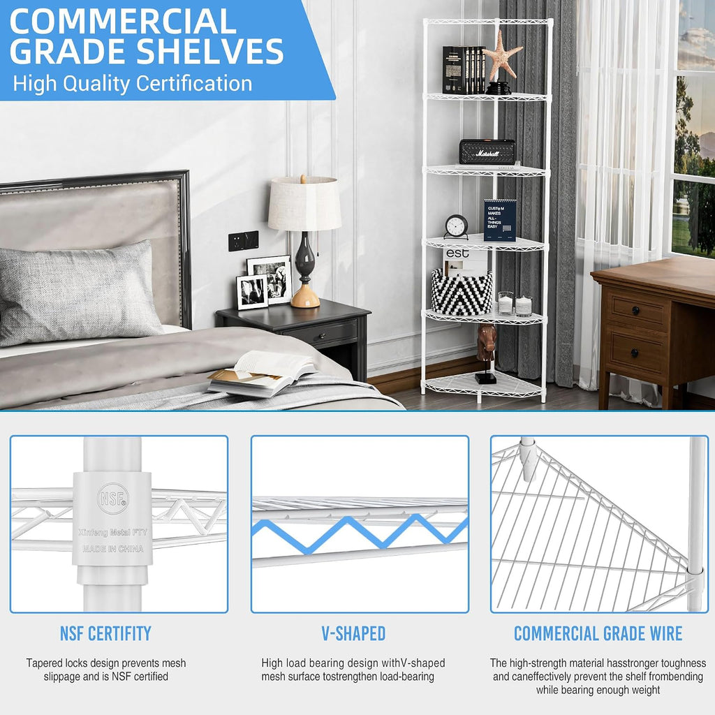 White Corner Storage Rack, 6 Tier Metal Corner Shelf Wire Shelving Unit, 600lbs Capacity, NSF, Adjustable Height, Leveling Feet and Liners, Ideal for Bathroom, Kitchen, 72'H x 20'L x 20'W, Pentagonal