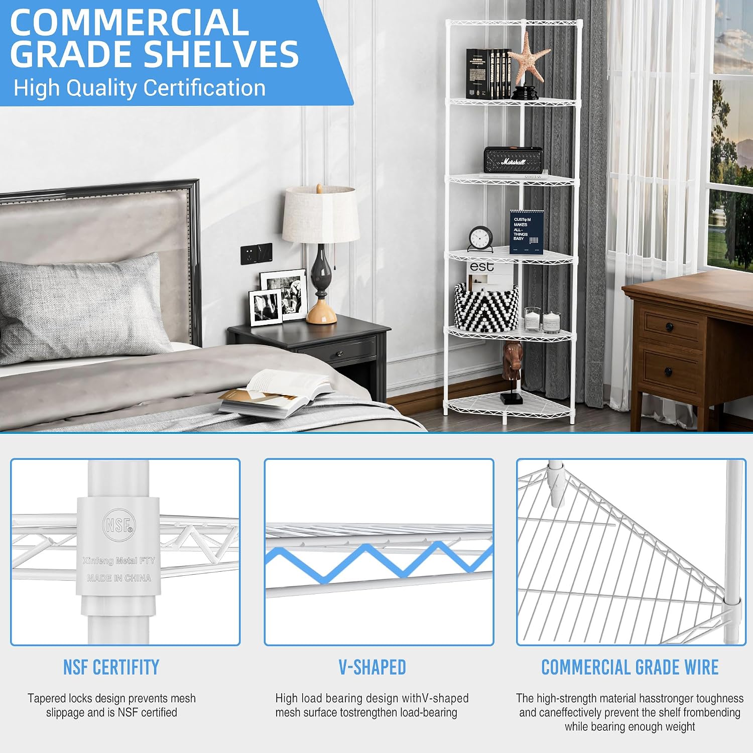 White Corner Storage Rack, 6 Tier Metal Corner Shelf Wire Shelving Unit, 600lbs Capacity, NSF, Adjustable Height, Leveling Feet and Liners, Ideal for Bathroom, Kitchen, 72'H x 20'L x 20'W, Pentagonal
