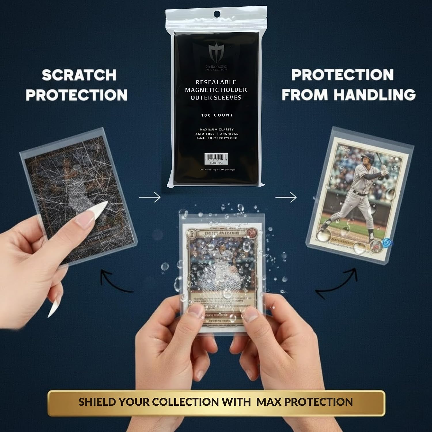 Max Protection Magnetic Card Holder Sleeves - Resealable 100ct Packs - Crystal Clear Acid-Free Polypropylene - Secure & Protect from Scratches, Fingerprints - Archival Quality (10000 Sleeves)