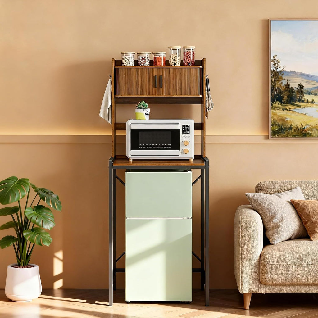 Mini Fridge Stand with Sliding Doors Storage, Microwave Stand and Baker's Rack with 6 Hooks, 4-Tier Mini Fridge Cabinet for Dorm, Home, Office, Kitchen, Walnut Wood