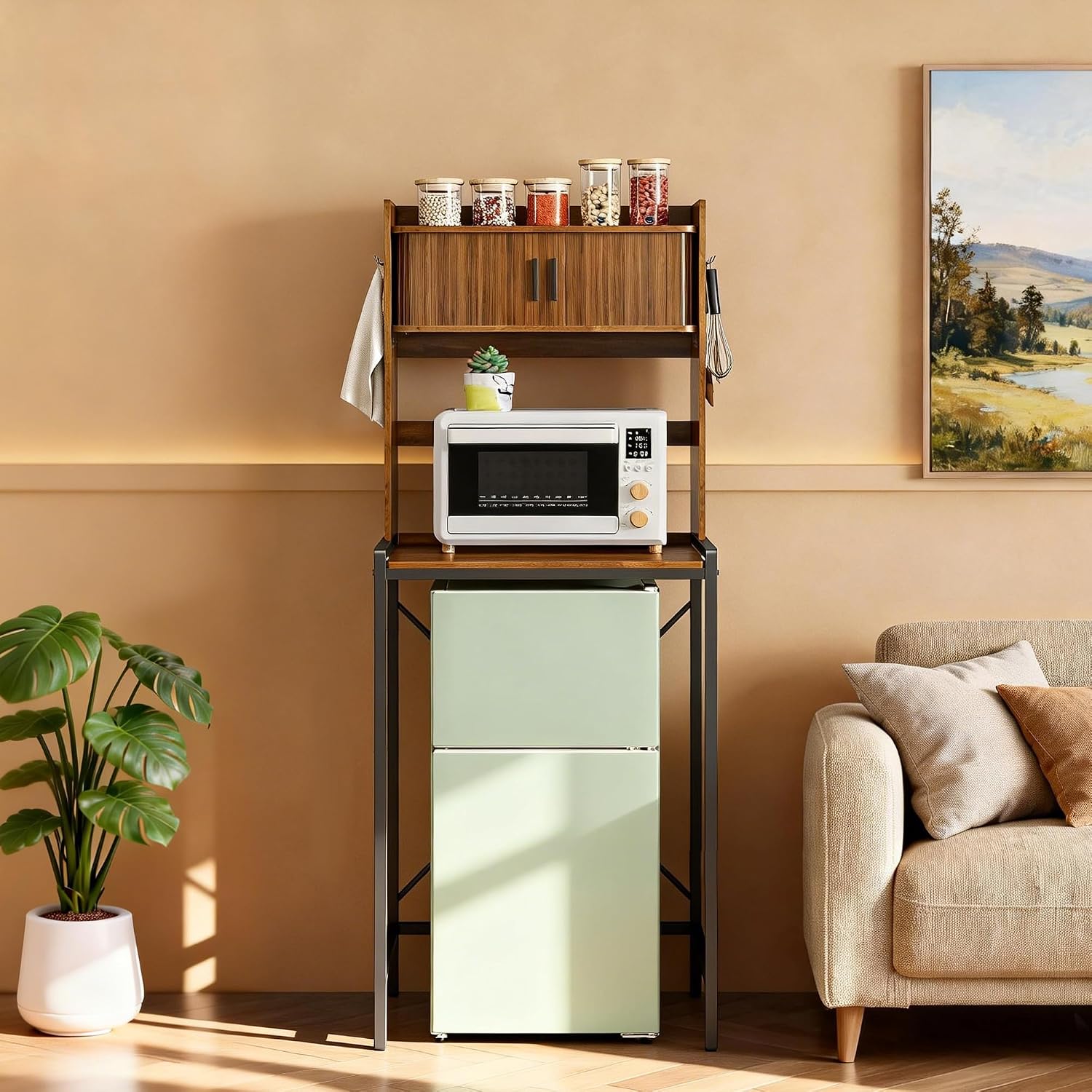 Mini Fridge Stand with Sliding Doors Storage, Microwave Stand and Baker's Rack with 6 Hooks, 4-Tier Mini Fridge Cabinet for Dorm, Home, Office, Kitchen, Walnut Wood