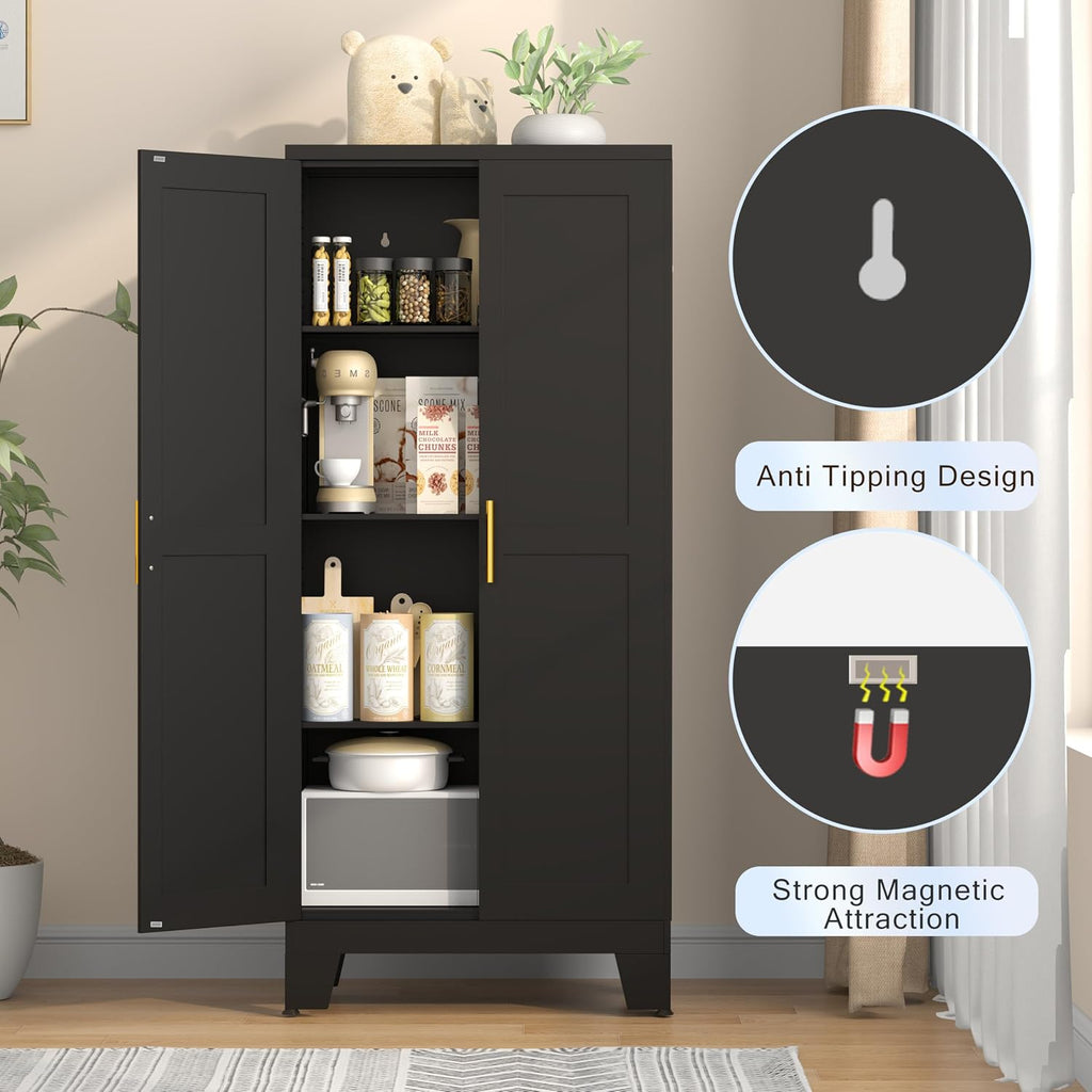 GAIOUS 61.02' Kitchen Pantry Cabinet, Pantry Storage Cabinet with 2 Doors and Adjustable Shelves, Black Food Storage for Kitchen, Living Room, Bedroom and Dining Room (Black) Metal Sideboard