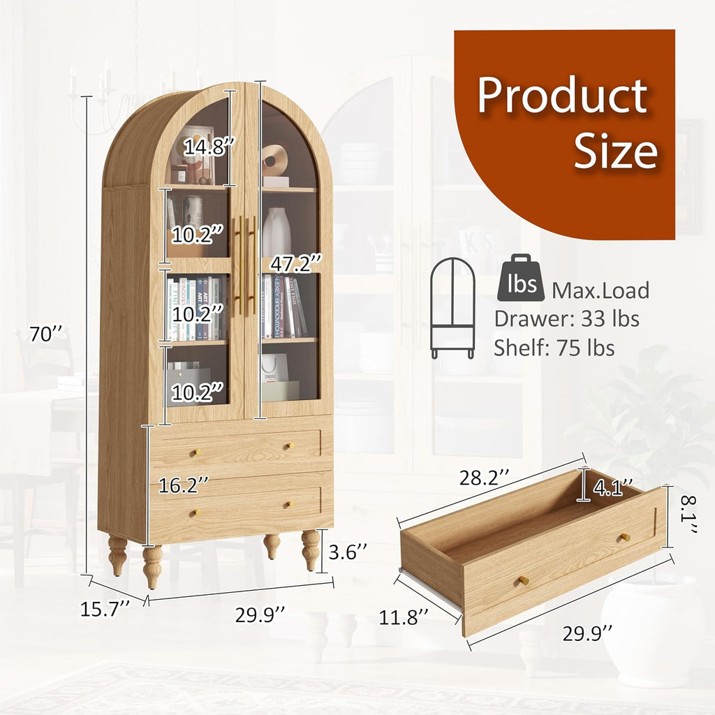 Vongrasig 71' Tall Arched Kitchen Pantry Storage Cabinet with Glass Doors, 2 Large Drawers, 6-Tier Tall Rustic Wood Cupboard Locker for Kitchen, Dining Room, Living Room, Bathroom,Natural
