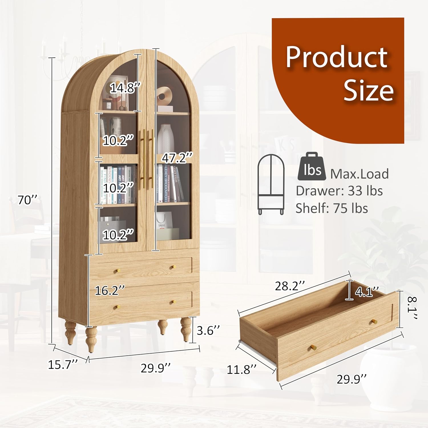 Vongrasig 71' Tall Arched Kitchen Pantry Storage Cabinet with Glass Doors, 2 Large Drawers, 6-Tier Tall Rustic Wood Cupboard Locker for Kitchen, Dining Room, Living Room, Bathroom,Natural