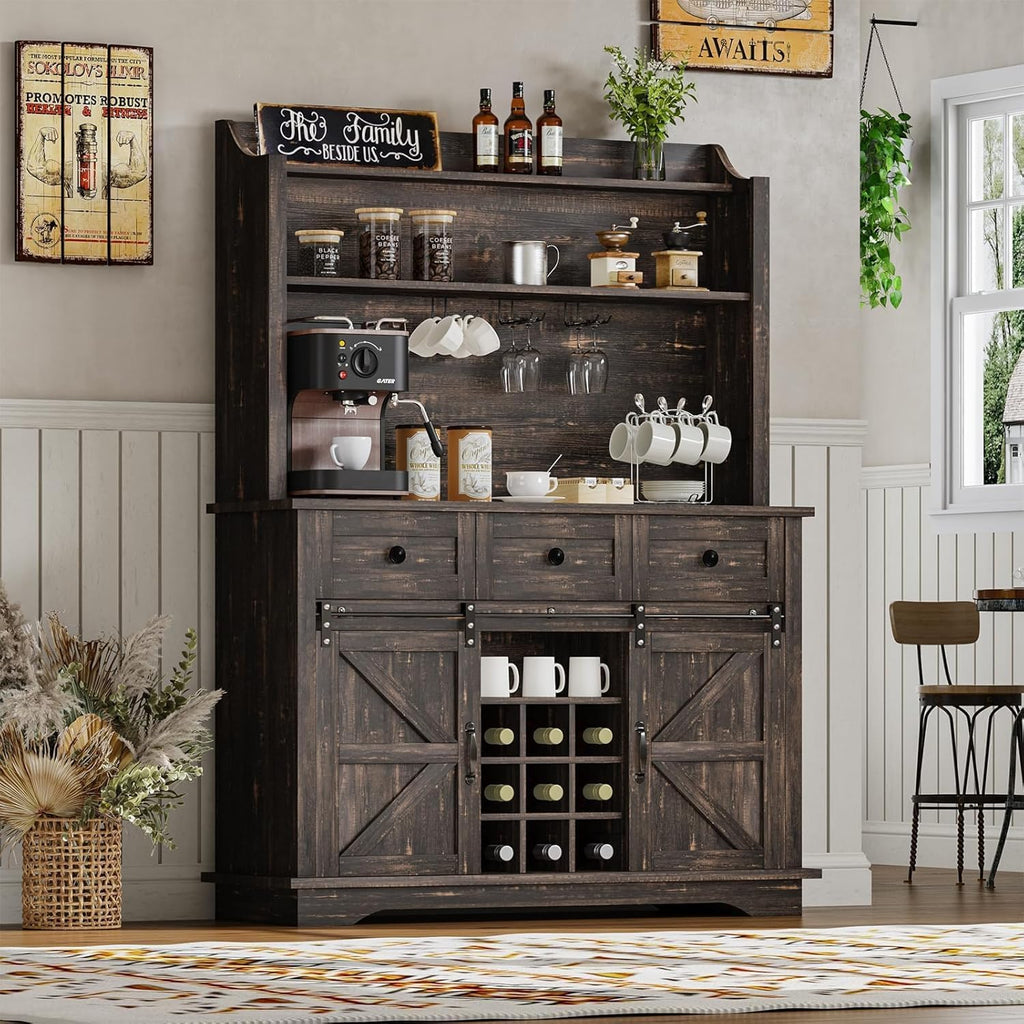 REVOMINCA 63 Inch Tall Coffee Bar Cabinet with 3-Tier, Kitchen Hutch with 3 Large Drawers, Farmhouse Coffee Bar with 9 Wine Racks & 3 Glass Holders, Wine Storage Cabinet for Living Dining Room, Oak