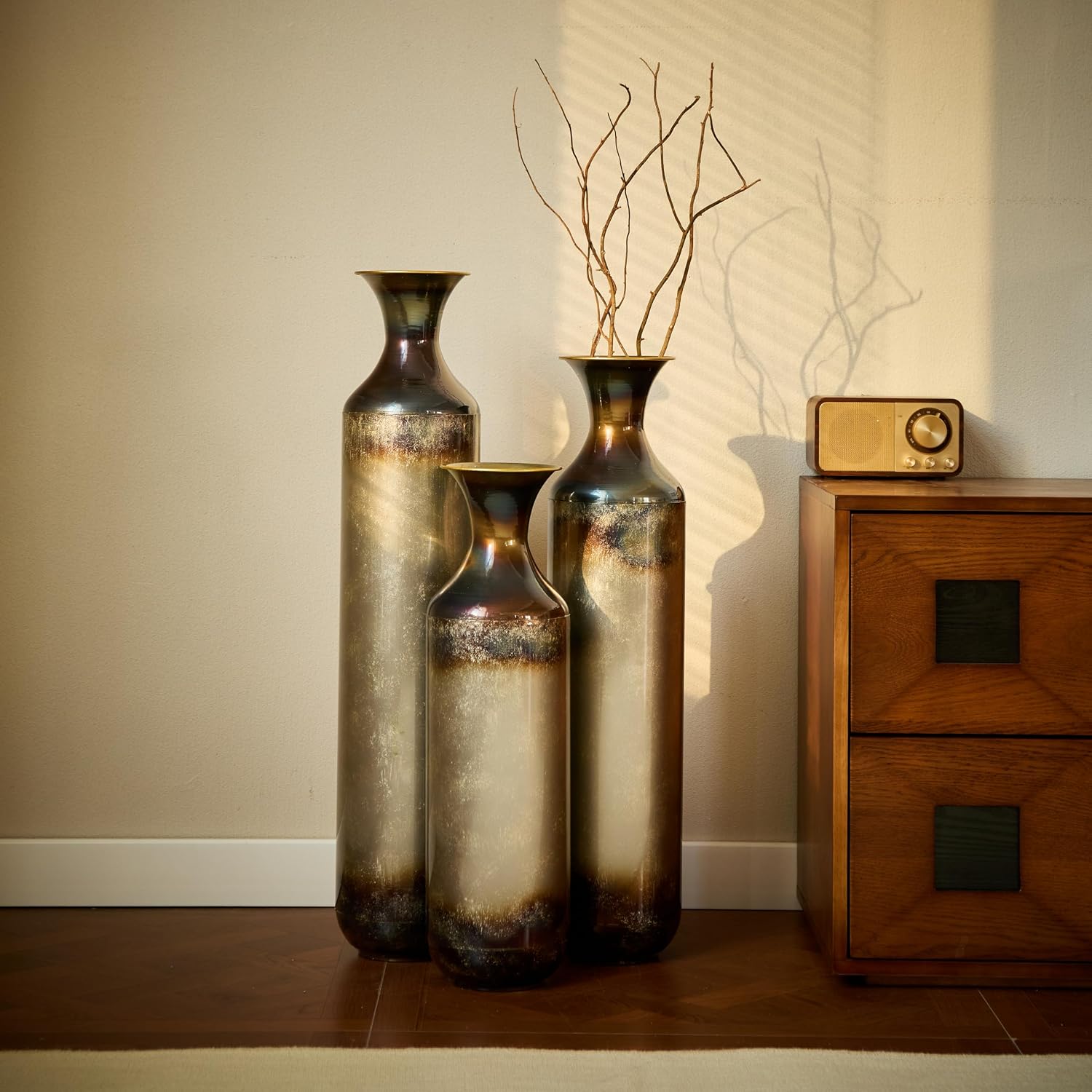 Floor Vases, Tall Home Decor Metal Vase Set of 3 Large Glazed Decorative Vases for Wedding Decor, Elegant Modern Flower Holder for Living Room, Entryway, Hallway