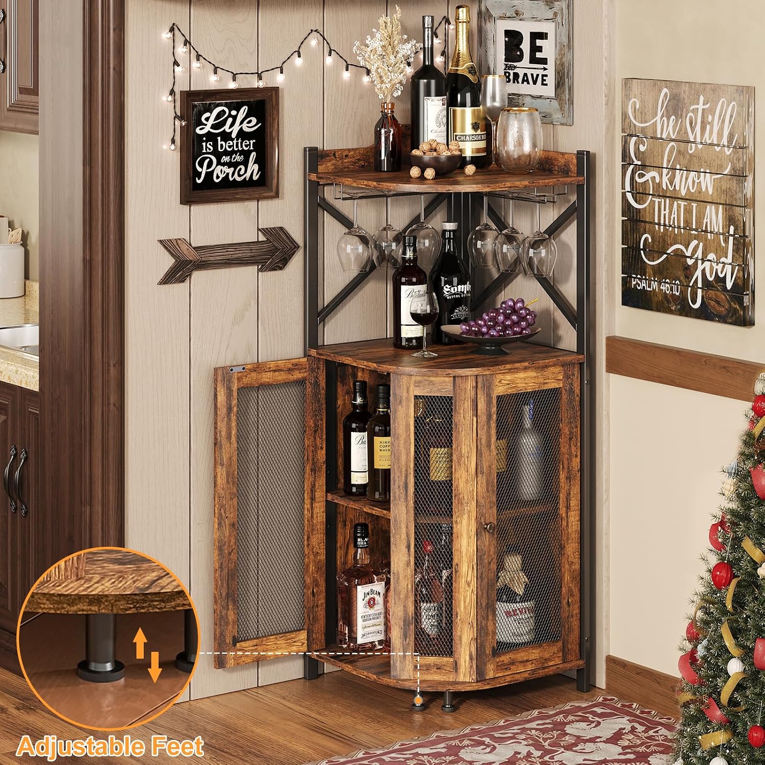 JKsmart Corner Bar Cabinet with LED Lights,Industrial Wine Cabinet with Glass Holder,4-Tier Wine Cabinet with Door and Shelf,Farmhouse Home Bar for Liquor Wine Coffee Storage,Rustic Brown
