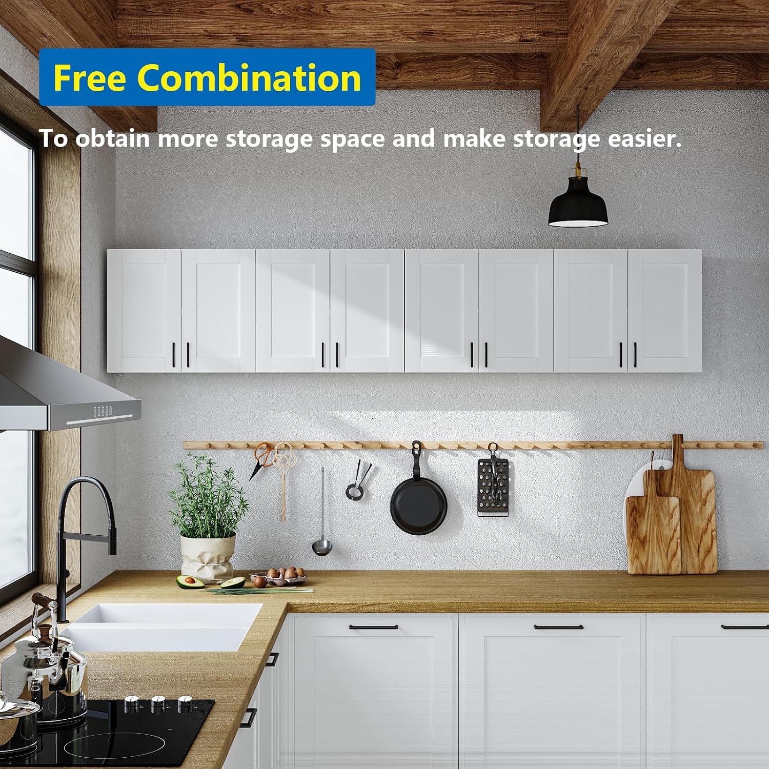 Wooden White Laundry Room Cabinets and Storage with 4 Doors and Adjustable Shelf，Gabinetes para Cocina Cupboard Kitchen Organizers and Storage Pantry Wall Mounted 12.4' D x 47.2' W x 19.7' H