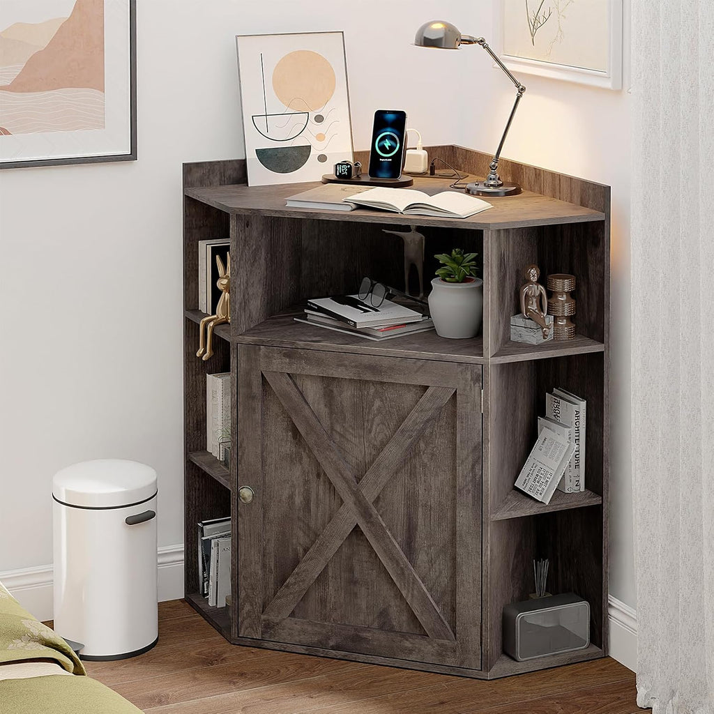 Vabches Corner Cabinet, Corner Storage Shelf with USB Ports and Outlets Industrial Organizer for Small Space Wooden 6-Cubby Bookshelf for Study, Playroom, Living Room (Rustic Grey)