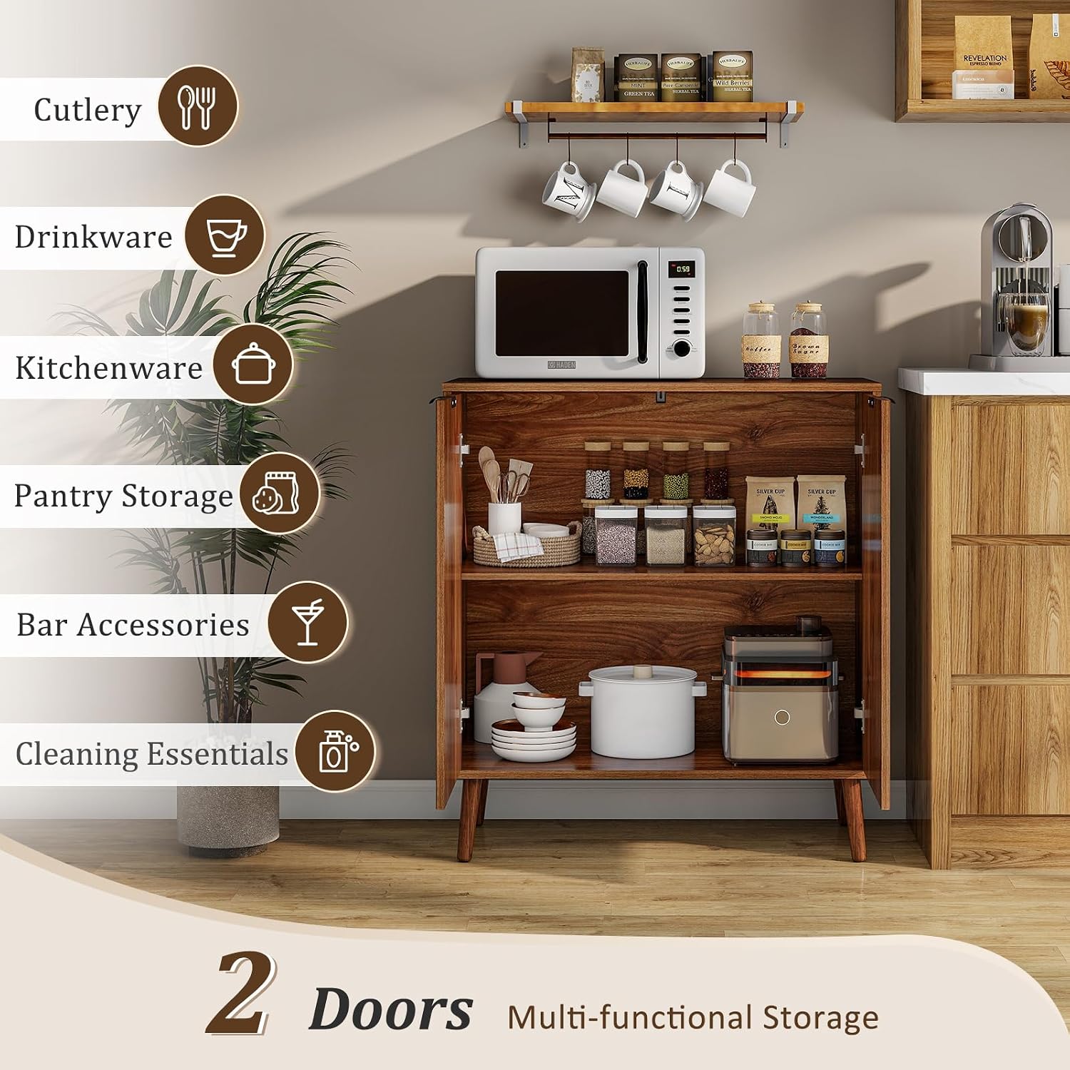 LYNCOHOME Fluted Sideboard Buffet Cabinet with Storage, 2 Doors with Solid Wood Feet for Kitchen, Hallway