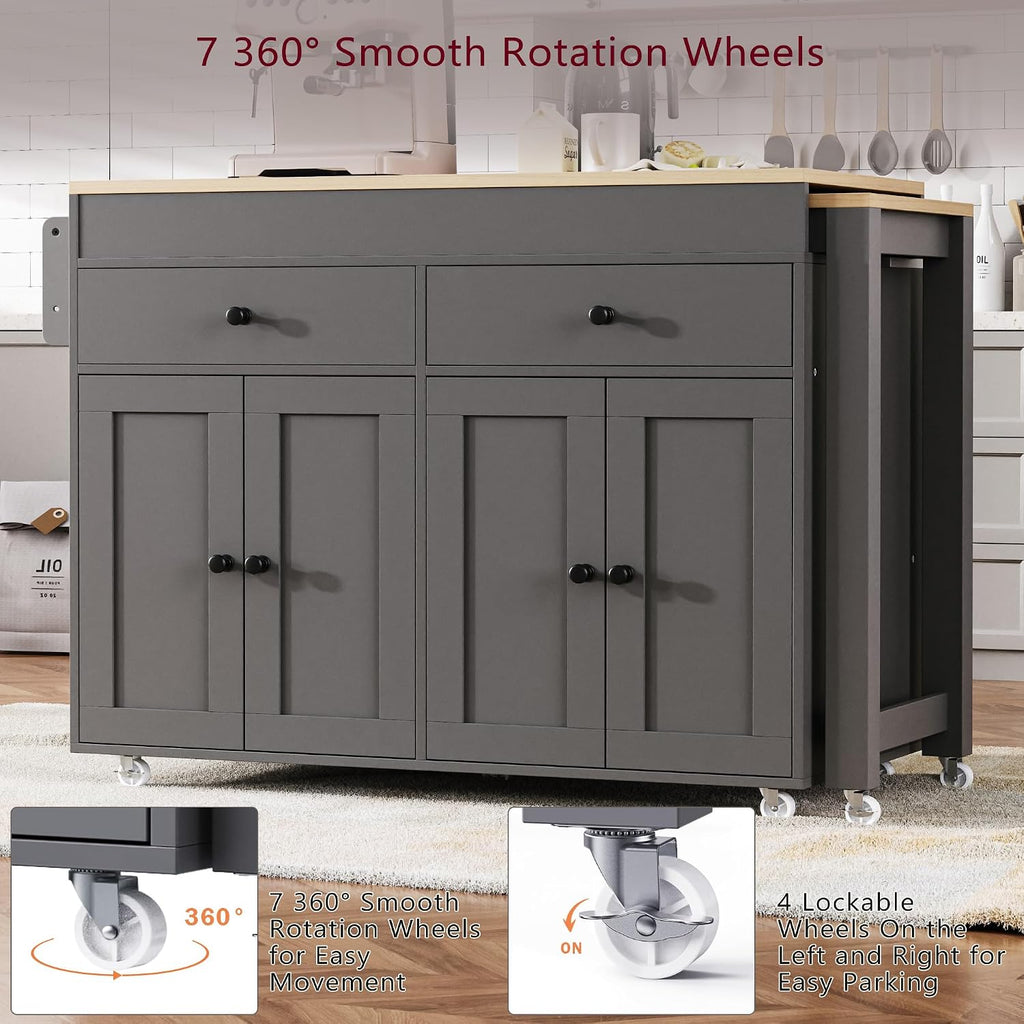 74.5' Rolling Kitchen Island with Extendable Dining Table, Storage Cart on Wheels with 2 Drawers, Spice Rack, 4 Door Cabinet for Kitchen, Dining Room, Grey