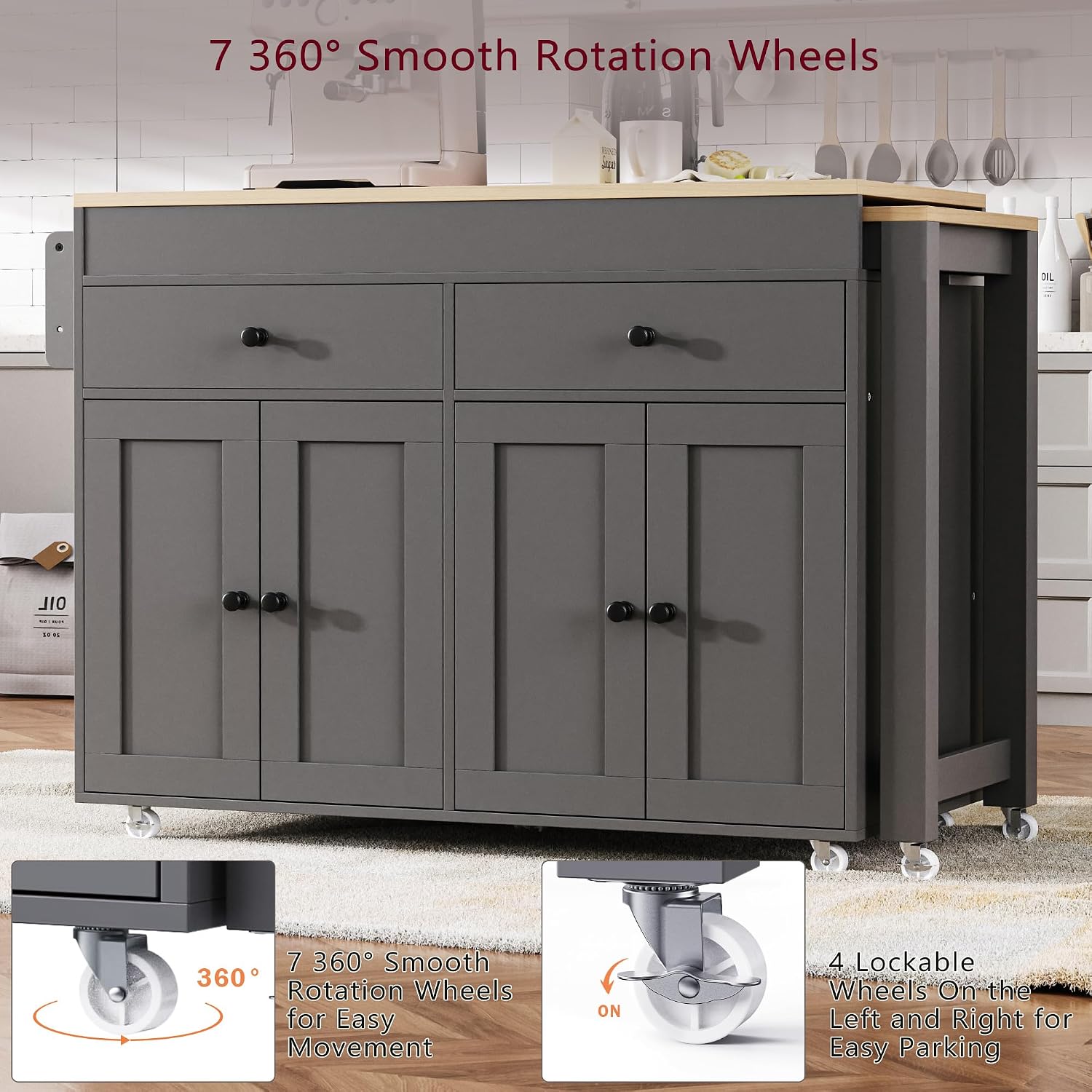 74.5' Rolling Kitchen Island with Extendable Dining Table, Storage Cart on Wheels with 2 Drawers, Spice Rack, 4 Door Cabinet for Kitchen, Dining Room, Grey