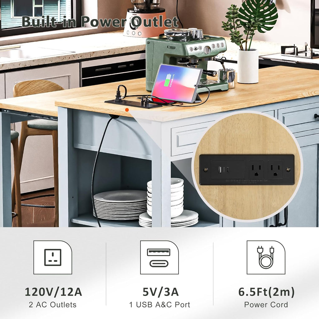 47' Kitchen Island with Extendable Dining Table, Rubber Wood Veneer Kitchen Table with Internal Storage Rack, Power Outlet, 2 Drawers, 2 Cabinet for Kitchen, Dining Room, Grey Blue