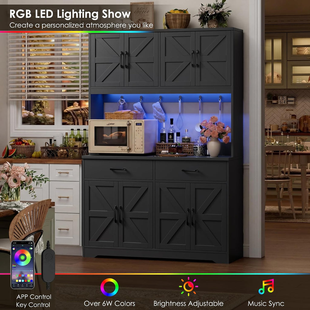 HIFIT 71' Tall Kitchen Pantry Cabinet with RGB LED and Charging Station, Farmhouse Coffee Bar Cabinet with Large Countertop and 6 Hooks, Kitchen Hutch Storage Cabinet, Black