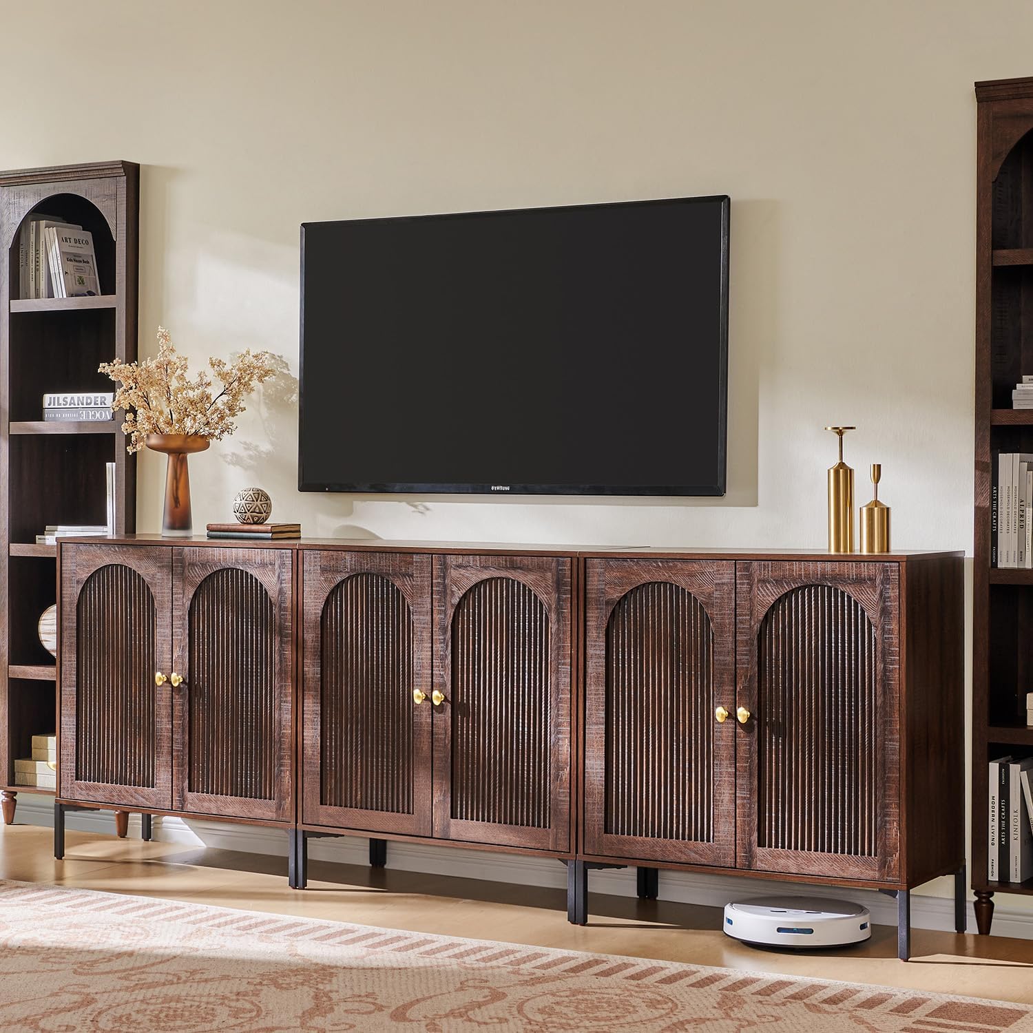 IFGET Modern Buffet Cabinet with Storage, 92.63' W Fluted Arched Sideboard Cabinet w/Adjustable Shelves, Wooden Modular Coffee Bar for Dining Room, Kitchen, Living Room, Entryway, Brown
