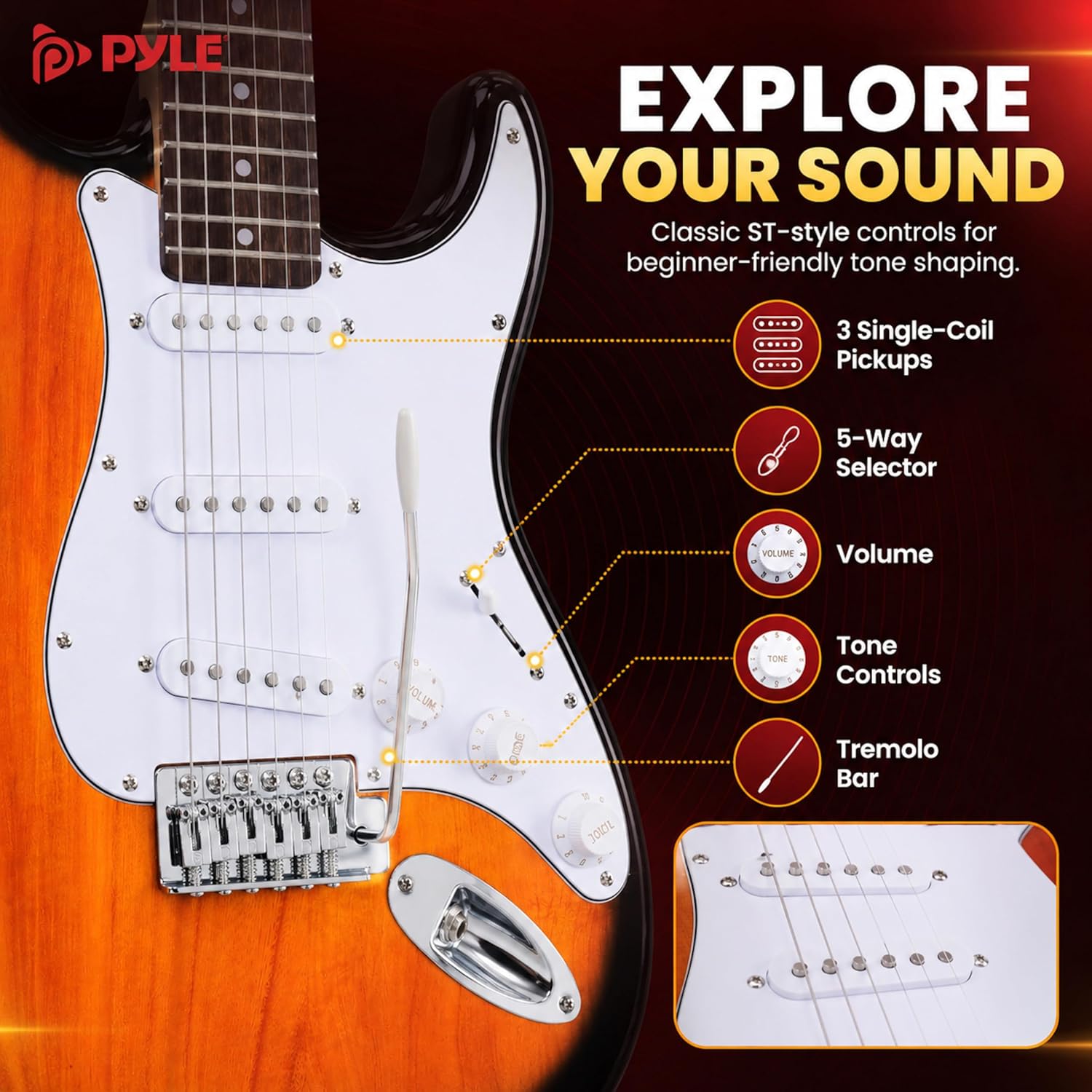 Pyle Electric Guitar and Amp Kit - Full Size 39' Complete Starter Kit with Wearable Bluetooth Amplifier, 1/4' Cable, Carry Case, Strap, Strings, Picks, Cleaning Cloth, ST-Style Pickups (Sun Burst)