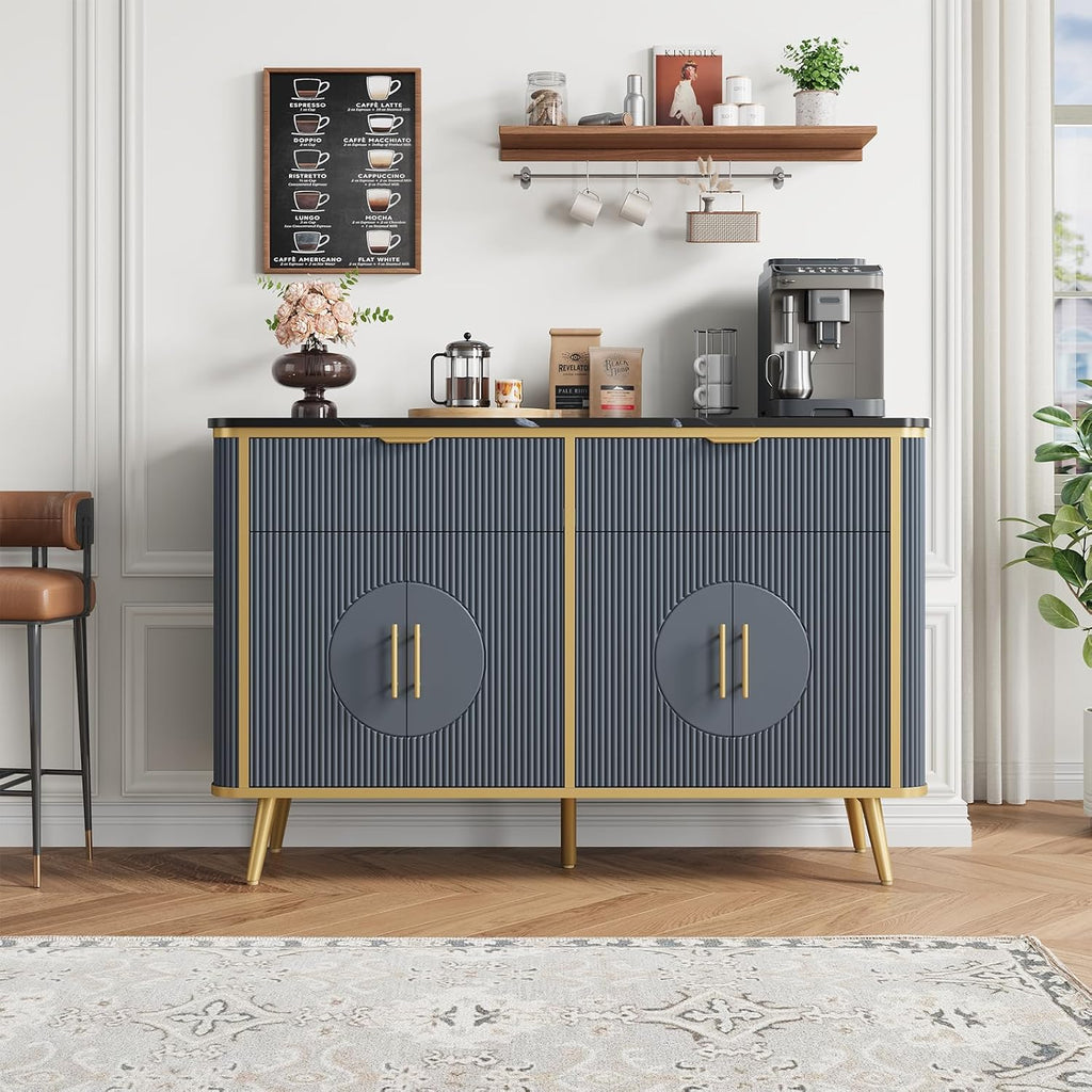 47.2' Buffet Storage Cabinet, Modern Fluted Coffee Bar Station with 2 Drawers & Adjustable Shelves, Kitchen Sideboard Buffet for Dining Room, Living Room, Hallway, Navy Blue