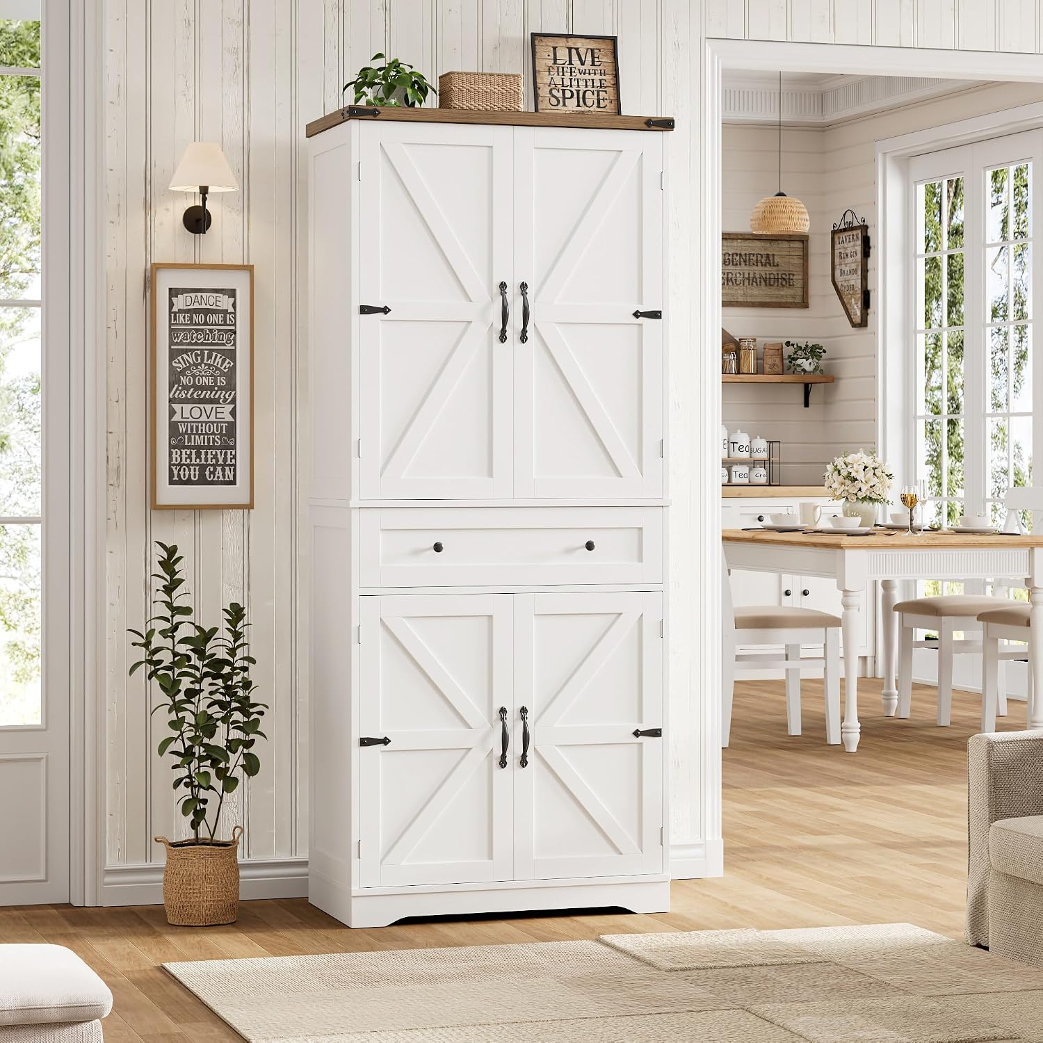 HOSTACK 71' Tall Pantry Cabinet, Farmhouse Kitchen Pantry with Storage Shelves, Barn Doors Food Storage Cabinet, Freestanding Kitchen Hutch with Large Drawer for Living Room, White + Rustic Brown