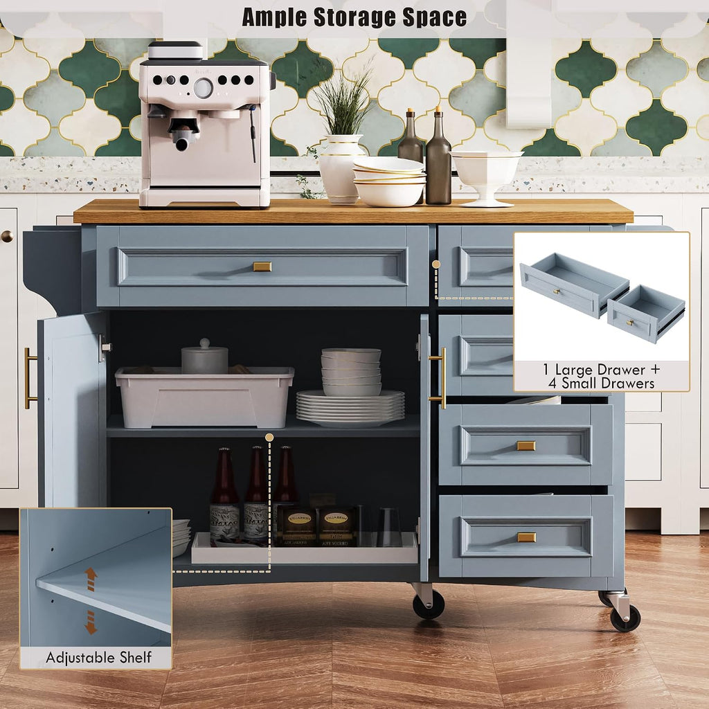 52' Kitchen Island Cart with Drop Leaf, Embossed Texture Kitchen Storage on Wheels with Spice Rack, Towel Rack, 5 Drawers, 2 Doors, Adjustable Shelf for Kitchen, Dining Room Grey Blue