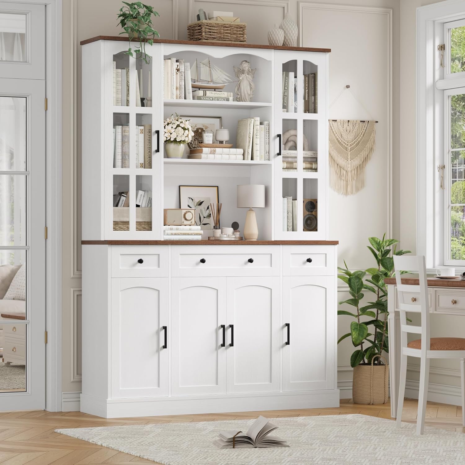 Keyluv 74.8' H Tall Pantry Cabinet with Microwave Stand and 3 Drawers, Large Kitchen Hutch Storage Cabinet with Glass Door and Adjustable Shelves for Kitchen, Dining Room, Living Room, White