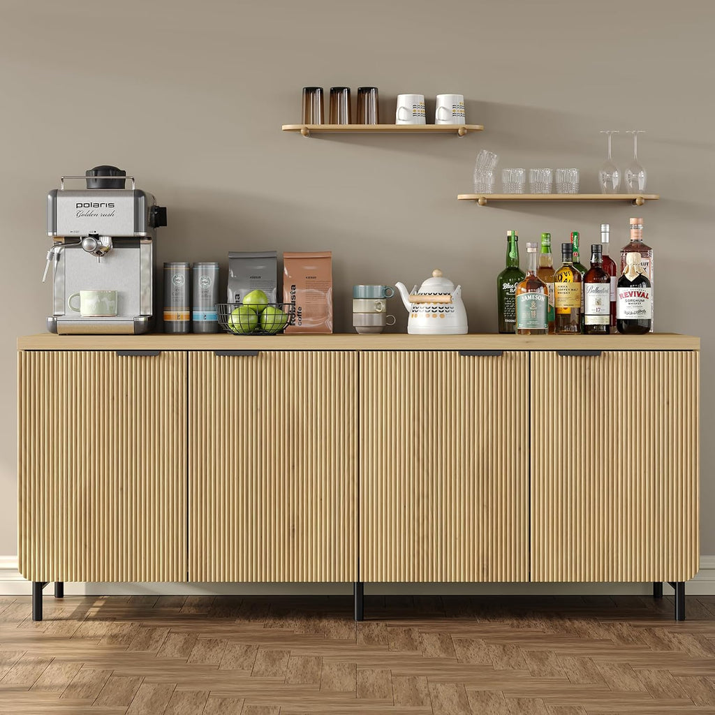 Furniouse Buffet Cabinet with Storage 66.2''W Modern Sideboard with 4 Fluted Doors & Shelves Wood Kitchen Buffet Table Fluted Cabinet for Living Room, Natural Oak