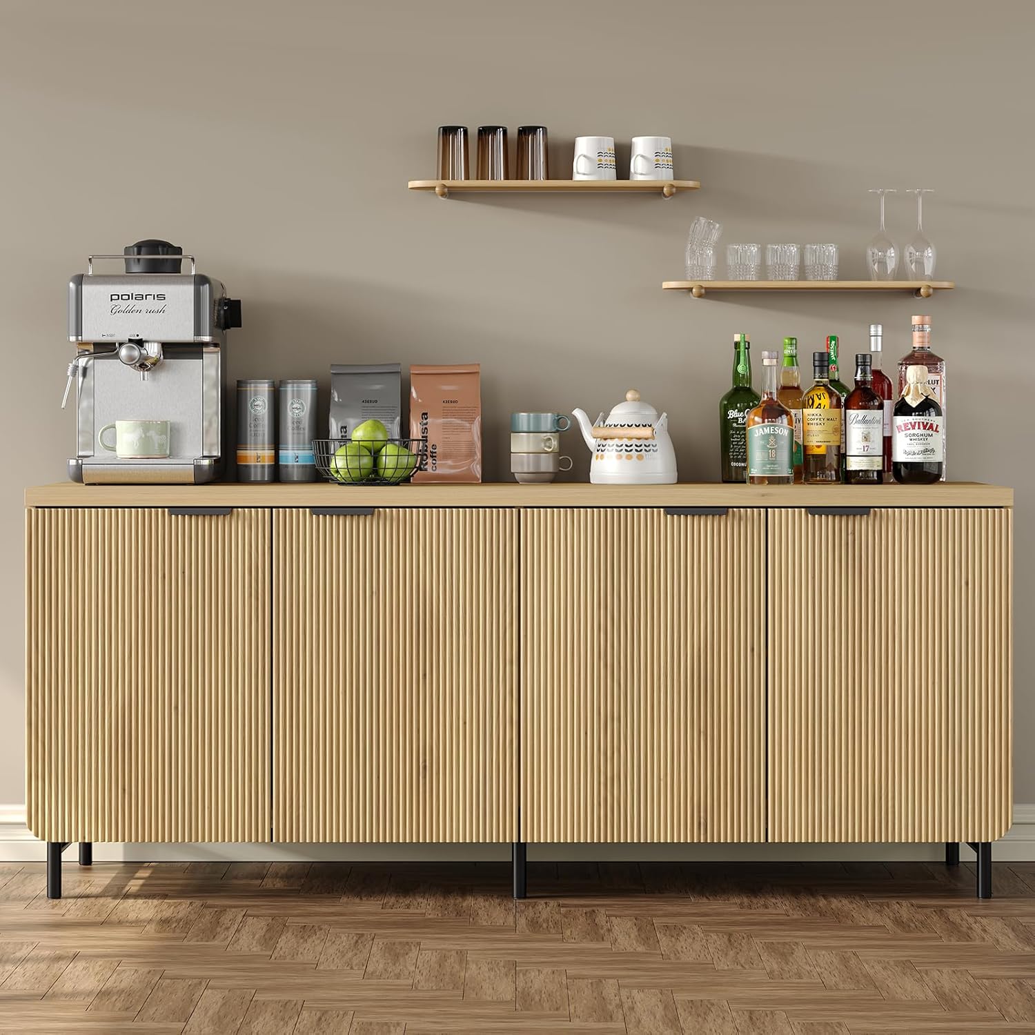 Furniouse Buffet Cabinet with Storage 66.2''W Modern Sideboard with 4 Fluted Doors & Shelves Wood Kitchen Buffet Table Fluted Cabinet for Living Room, Natural Oak