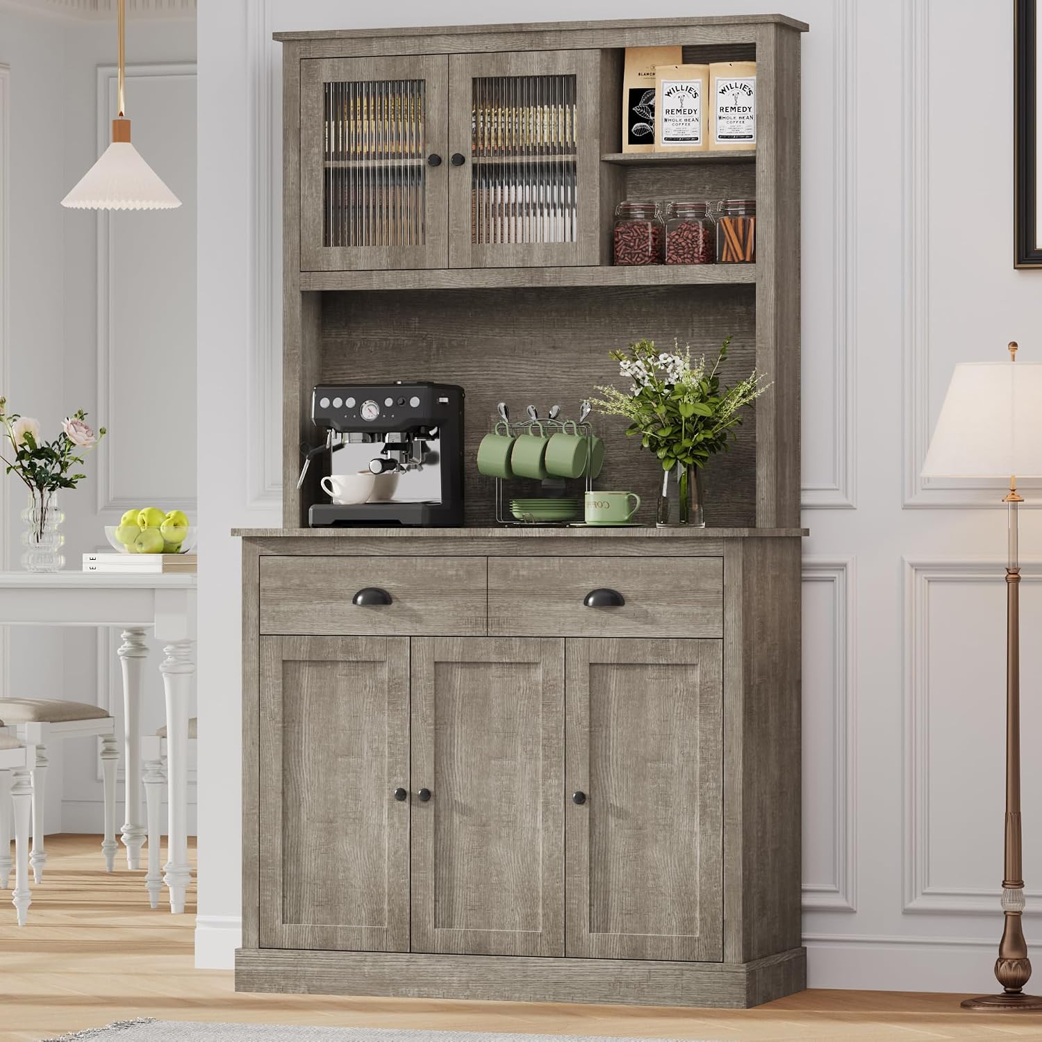 GarveeHome Pantry Cabinet with Drawers and Adjustable Shelves, 71' Tall Freestanding Kitchen Cabinet with Microwave Stand, Kitchen Hutch for Dining Room, Rustic Grey