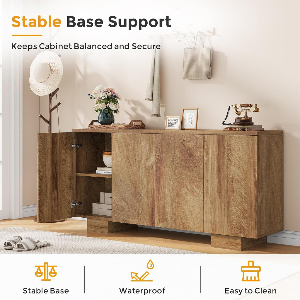 Sideboard Buffet Cabinet with Storage, Farmhouse Coffee Bar Cabinet with 4 Doors & Adjustable Shelves for Living Room, Kitchen, Hallway, Oak