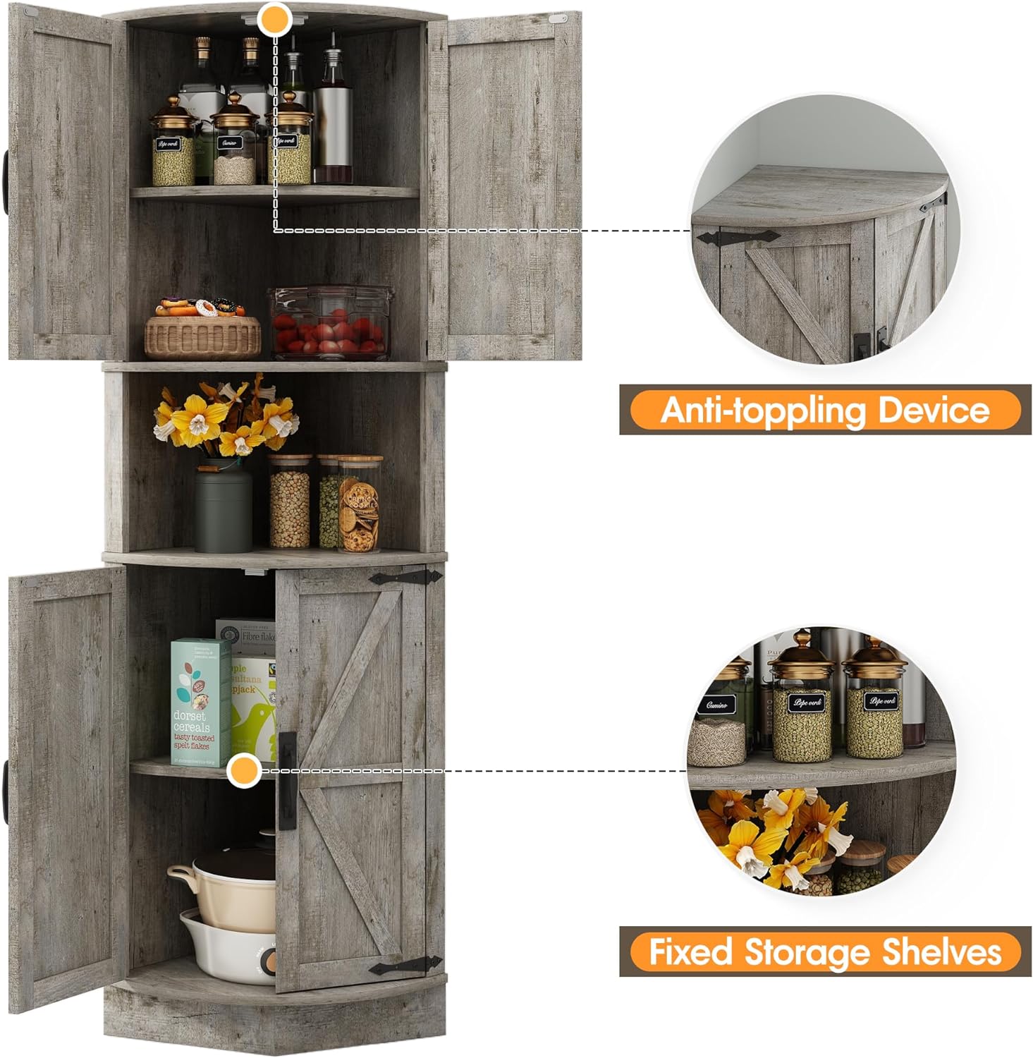 Vabches 64.8' Tall Farmhouse Corner Cabinet with 4 Doors and 5 Storage Shelves, Farmhouse Storage Cabinet with Barn Door Design, Home Space Saver for Living Room, Kitchen, Laundry Room,Grey