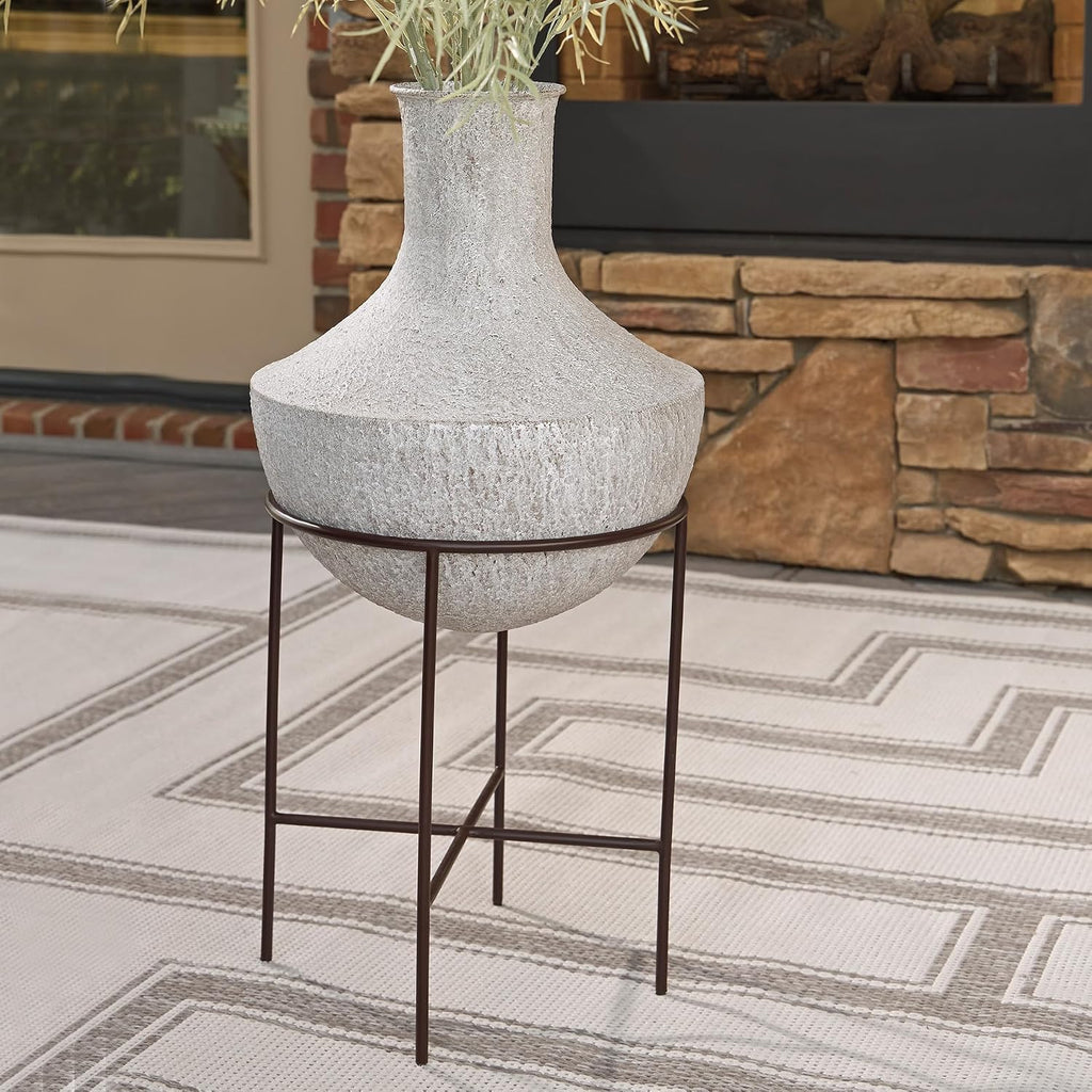 Signature Design by Ashley Estonbank Vase, Distressed Cream Metal Floor Vase with Espresso Brown Stand, for Faux Florals & Seasonal Indoor Outdoor Decor, 14.13' W x 14.13' D x 28.5' H