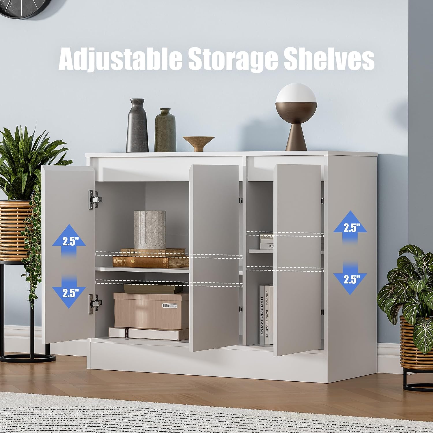 Housoul Buffet Cabinet with Storage, Coffee Bar Cabinet with 3 Doors and Adjustable Shelf, Modern Kitchen Buffet Sideboard for Living Room, Kitchen, White