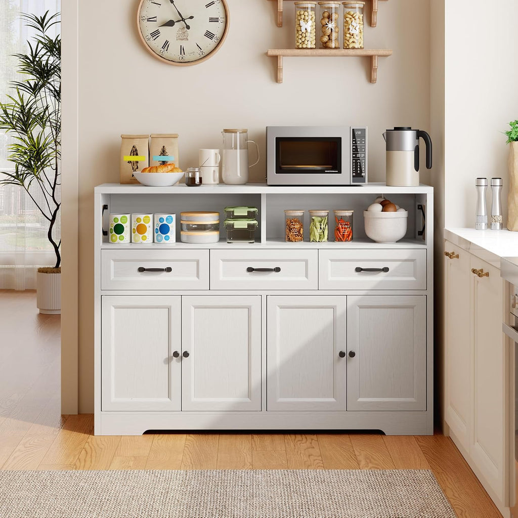 Ahomly 51' Buffet Cabinet with Adjustable Storage, Charging Port - 3 Drawers & 4 Doors Large Sideboard, Multi - Scene Coffee Bar/Microwave Stand for Kitchen,Living Room,Entryway（White）