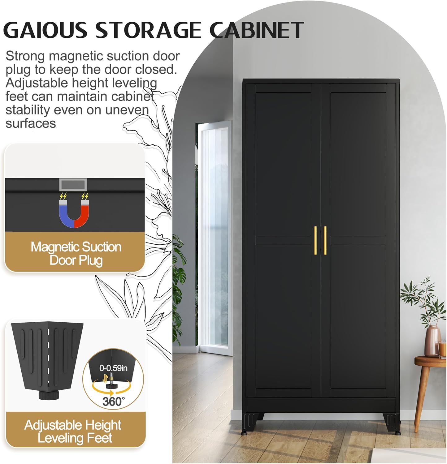 GAIOUS 71' Tall Metal Storage Cabinet with 2 Doors and 4 Adjustable Shelves, Kitchen Pantry Cabinet Black Freestanding Cupboard, 5 Tier Multifunctional Steel Storage for Office, Kitchen, Dining Room