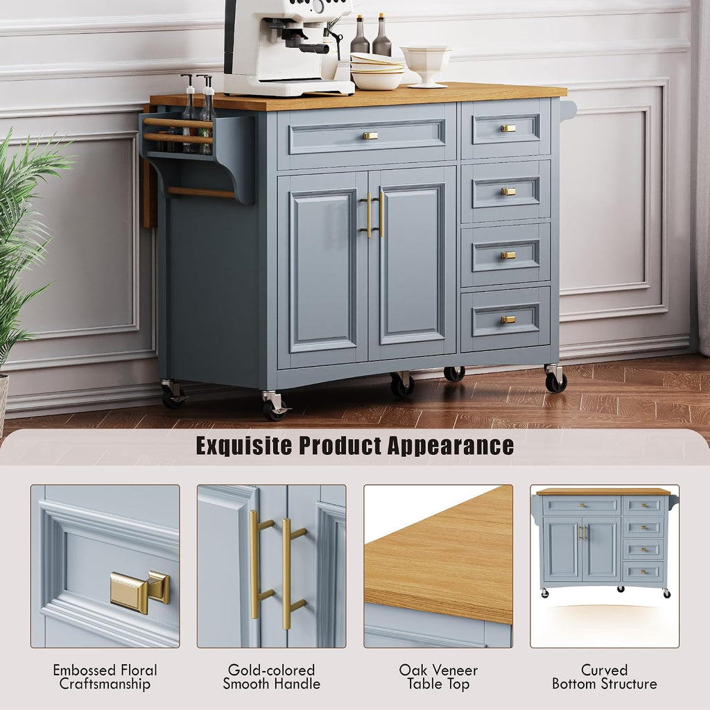 52' Kitchen Island Cart with Drop Leaf, Embossed Texture Kitchen Storage on Wheels with Spice Rack, Towel Rack, 5 Drawers, 2 Doors, Adjustable Shelf for Kitchen, Dining Room Grey Blue